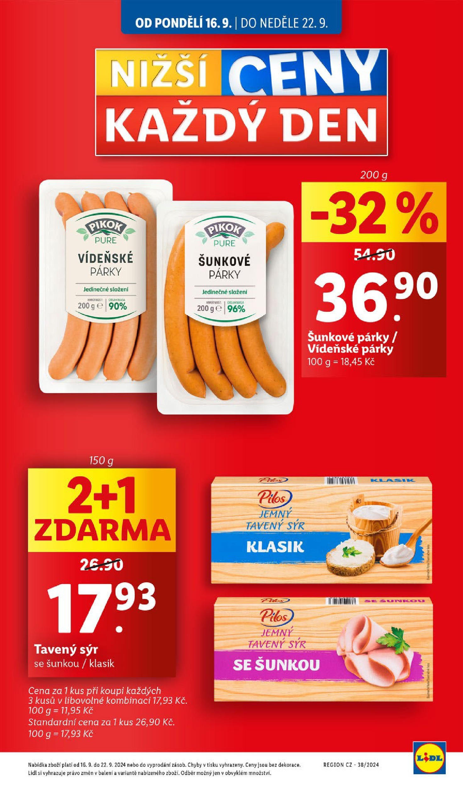 Lidl leták od 16.09.2024 - Nový akční leták | Strana: 9 | Produkty: Tavený sýr, Sýr, Párky, Pikok