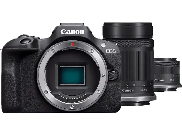 Canon EOS R100 Systemkamera mit RF-S 18-45mm f4.5-6.3 IS STM und RF-S 55-210mm f5.0-7.1 IS STM Objektiv; Systemkamera Set