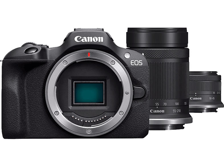 Canon EOS R100 Systemkamera mit RF-S 18-45mm f4.5-6.3 IS STM und 55-210mm f5.0-7.1 Objektiv; Systemkamera Set