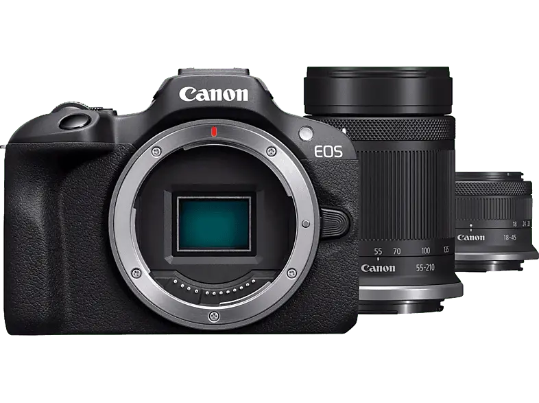 Canon EOS R100 Systemkamera mit RF-S 18-45mm f4.5-6.3 IS STM und 55-210mm f5.0-7.1 Objektiv; Systemkamera Set