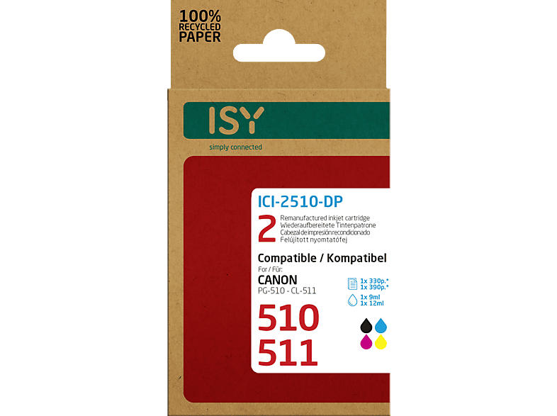 ISY ICI-2510-DP wiederaufbereitete Tintenpatronen ersetzen Canon PG-510 black und CL-511 colour; wiederaufbereitete Tonerpatrone