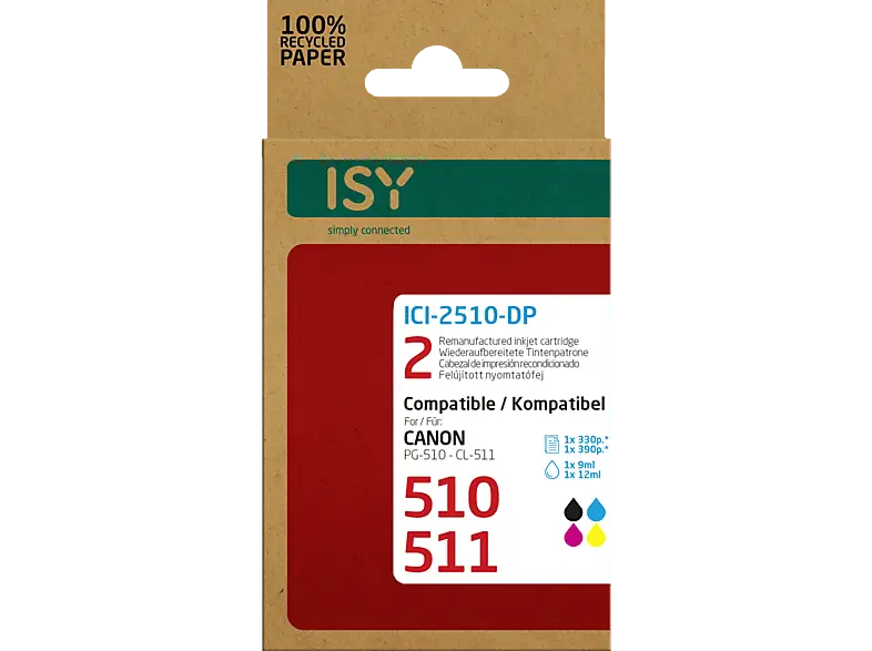 ISY ICI-2510-DP wiederaufbereitete Tintenpatronen ersetzen Canon PG-510 black und CL-511 colour; wiederaufbereitete Tonerpatrone