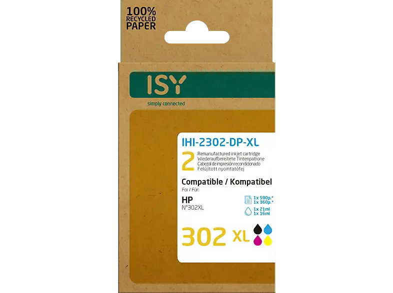 ISY IHI-2302-DP-XL wiederaufbereitete Tintenpatronen ersetzen HP302XL black und colour; wiederaufbereitete Tonerpatrone