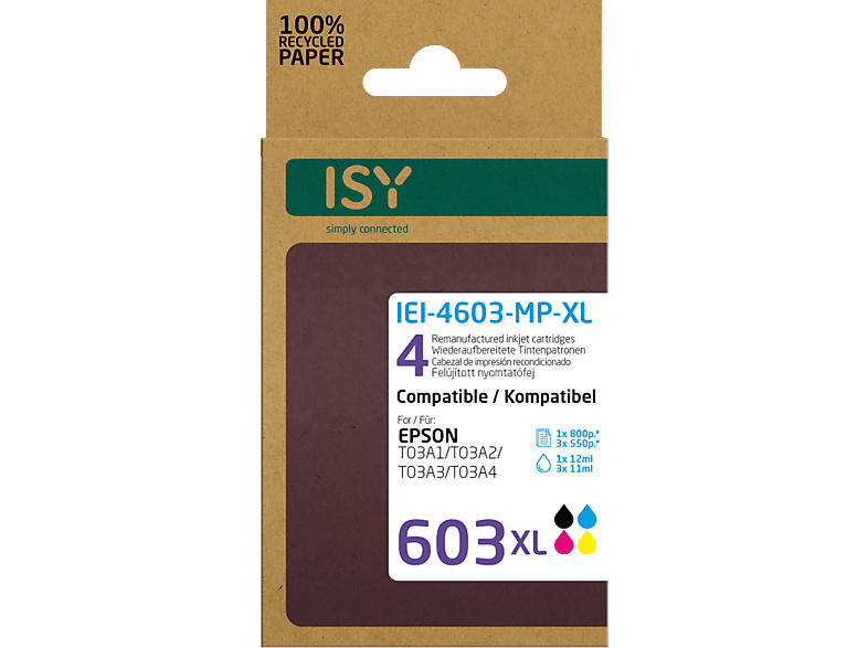 ISY Tintenpatronen IEI-4603-MP-XLL für Epson T03A1-T03A4L, farbig/schwarz, wiederaufbereitet