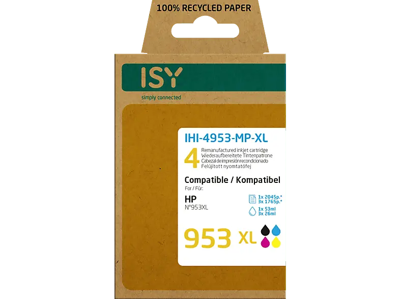 ISY IHI-4953-MP-XL wiederaufbereitete Tintenpatronen ersetzen Multipack 4 HP953XL BK/C/M/Y; wiederaufbereitete Tonerpatrone