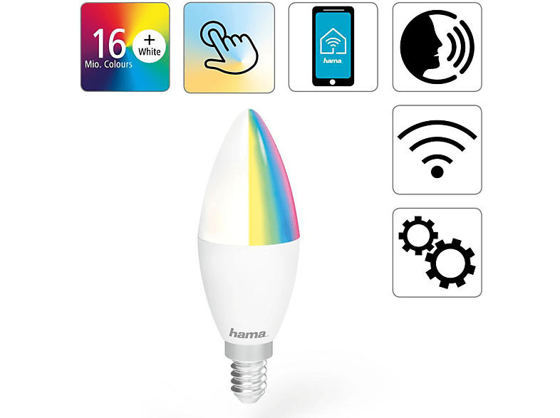 Hama 176583 WLAN-LED-Lampe, E14, 5,5W, RGBW, dimmbar, Kerze, für Sprach-/App-Steuerung