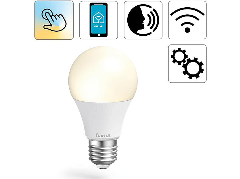 Hama 176584 WLAN-LED-Lampe, E27, 10W, dimmbar, Birne, für Sprach-/App-Steuerung, Weiß