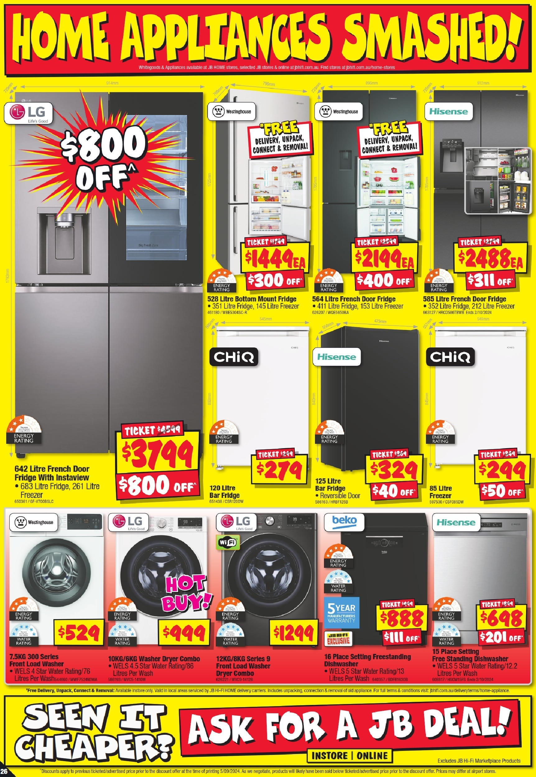 JB Hi-Fi  Catalogue  - 19/09/2024 > weekly / monthly specials | Page: 26 | Products: Door, Water, Freezer, Dishwasher