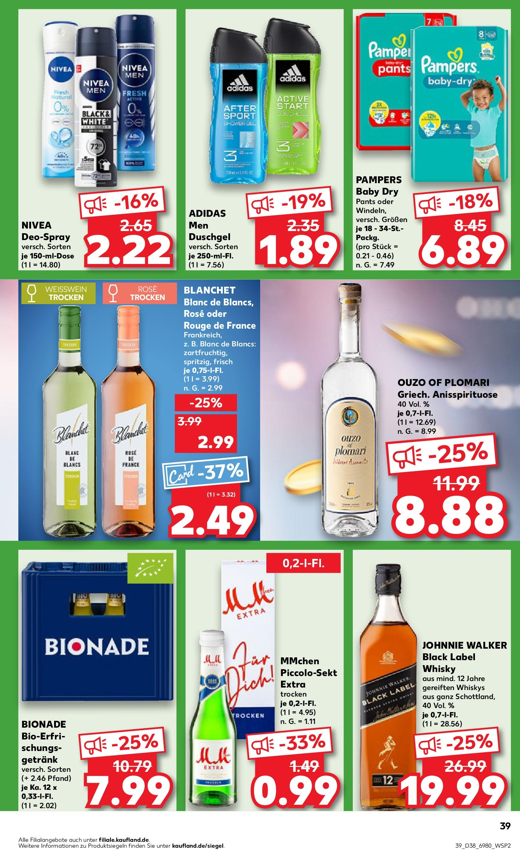 Kaufland - Bayern (ab 19.09.2024) » Angebote Online zum Blättern | Seite: 39 | Produkte: Ouzo, Bionade, Duschgel, Johnnie walker