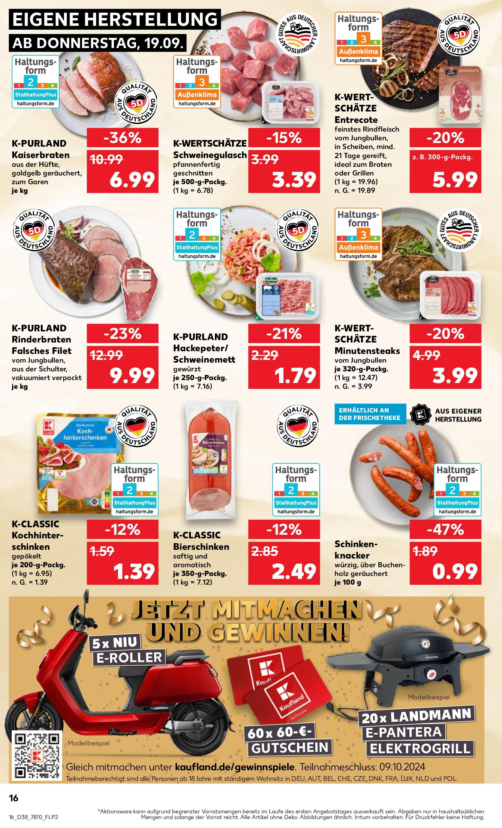 Kaufland - Baden-Württemberg (ab 19.09.2024) » Angebote Online zum Blättern | Seite: 16 | Produkte: Schweinegulasch, Rinderbraten, Entrecote, Schinken