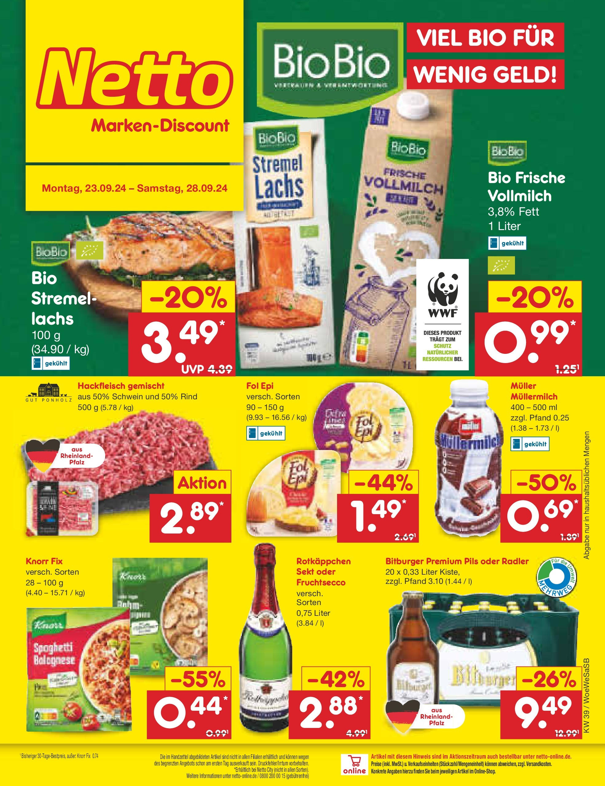 Netto Marken-Discount - Saarland (ab 23.09.2024) » Angebote | Seite: 1 | Produkte: Knorr, Lachs, Rotkäppchen, Hackfleisch