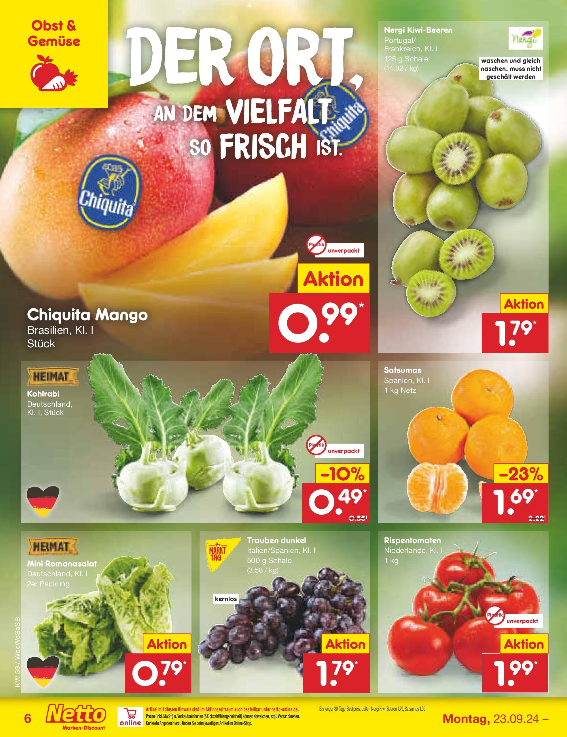 Netto Marken-Discount - Saarland (ab 23.09.2024) » Angebote | Seite: 8 | Produkte: Trauben, Gemüse, Obst, Mango