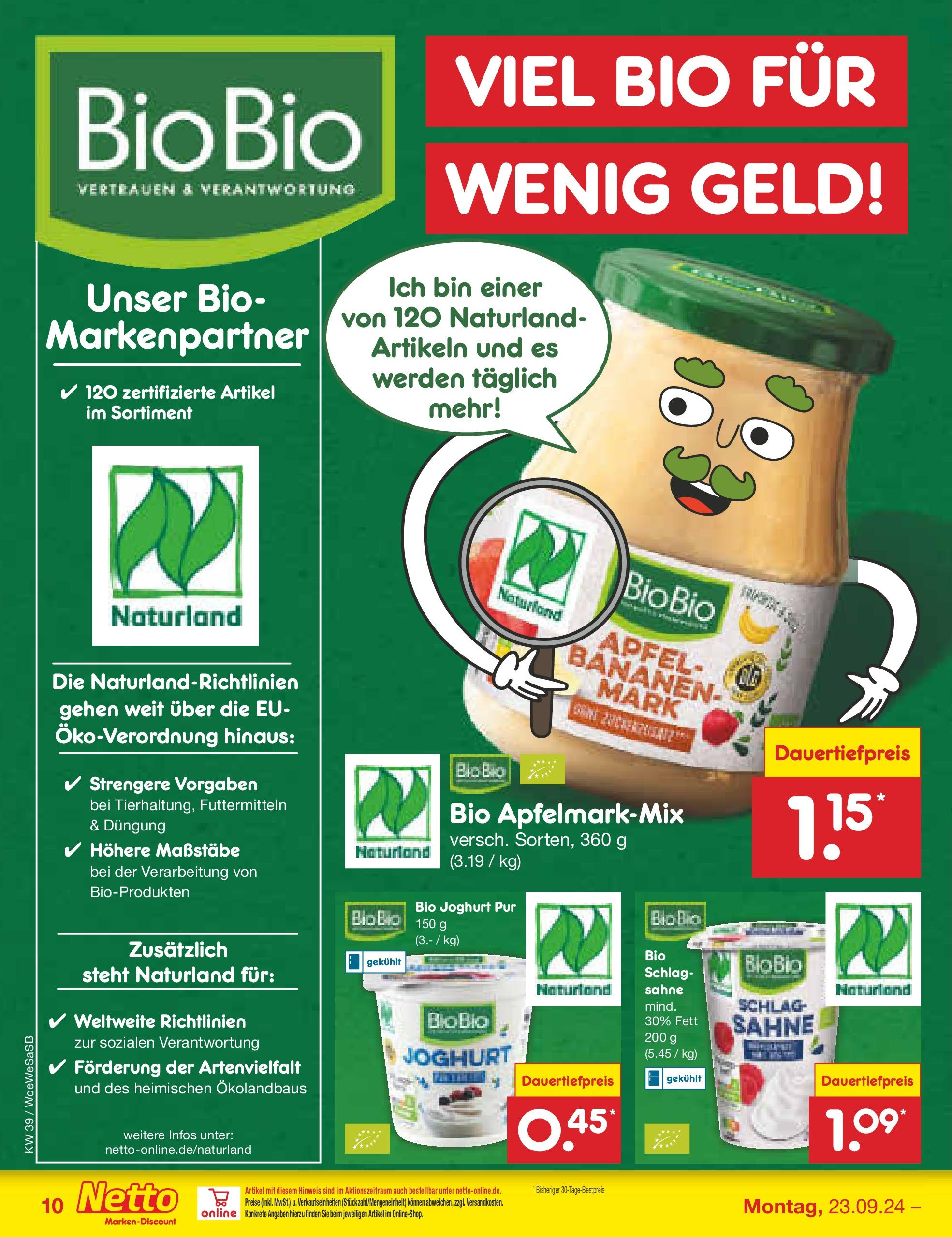 Netto Marken-Discount - Saarland (ab 23.09.2024) » Angebote | Seite: 12 | Produkte: Joghurt, Äpfel, Bananen, Sahne