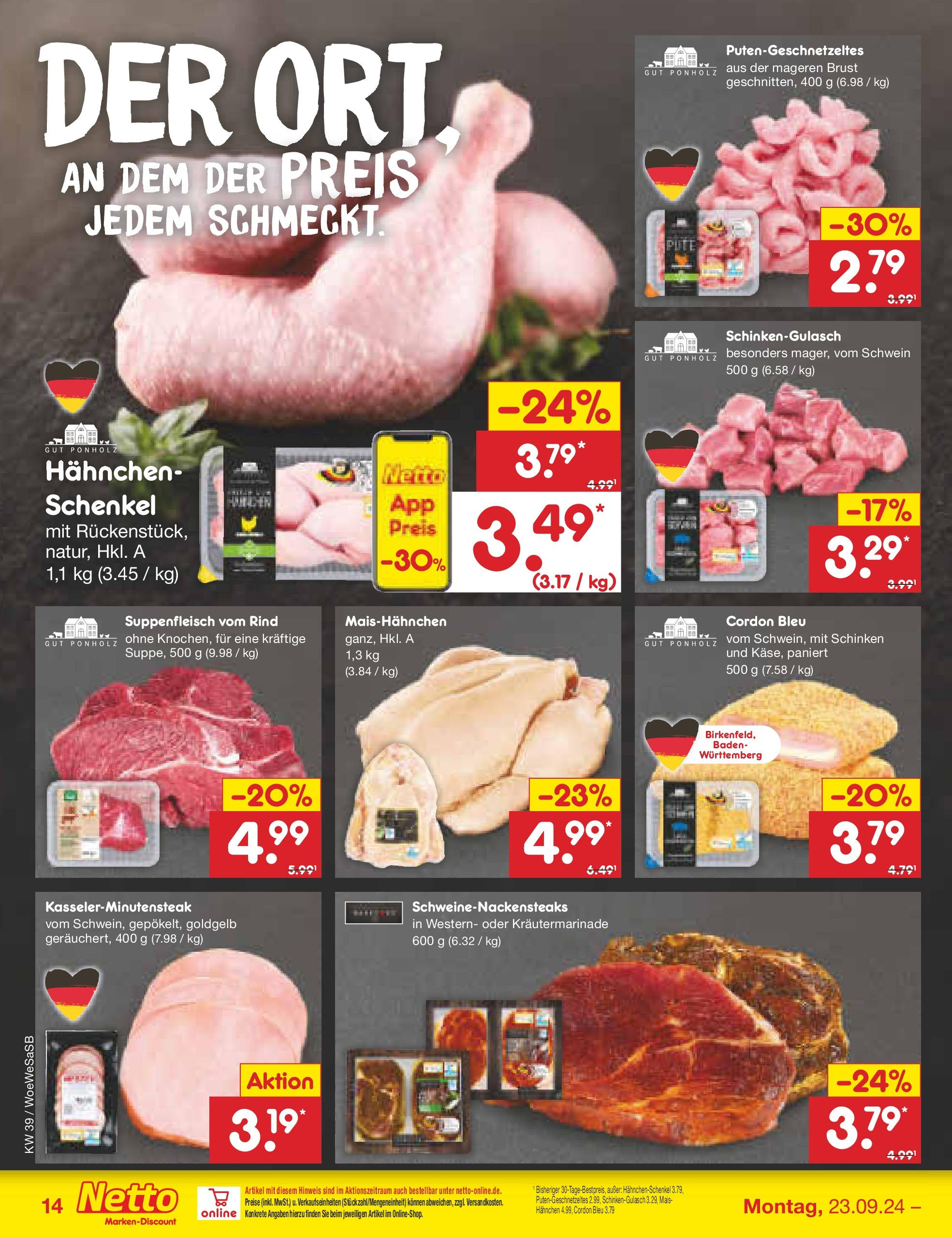 Netto Marken-Discount - Saarland (ab 23.09.2024) » Angebote | Seite: 18 | Produkte: Hahnchen, Hahnchenschenkel, Suppenfleisch, Schinken