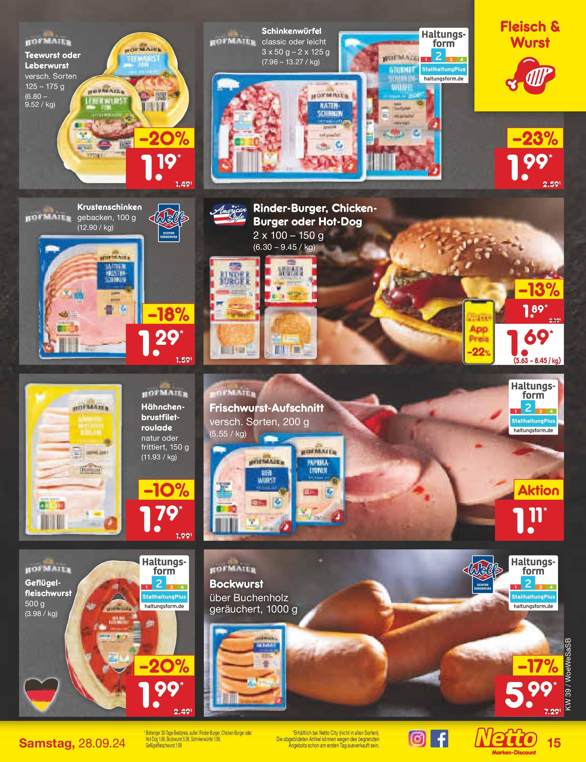 Netto Marken-Discount - Saarland (ab 23.09.2024) » Angebote | Seite: 19 | Produkte: Bockwurst, Burger, Wurst, Fleisch