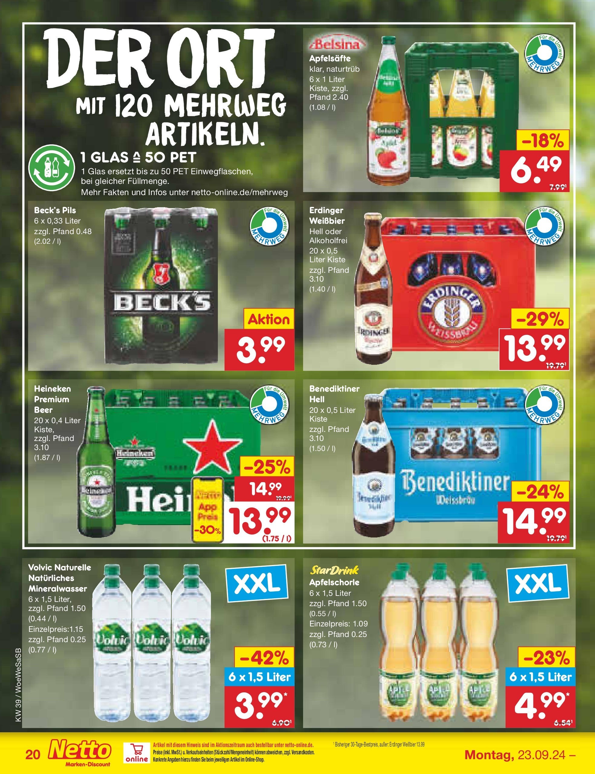 Netto Marken-Discount - Saarland (ab 23.09.2024) » Angebote | Seite: 24 | Produkte: Erdinger, Pils, Mineralwasser, Heineken