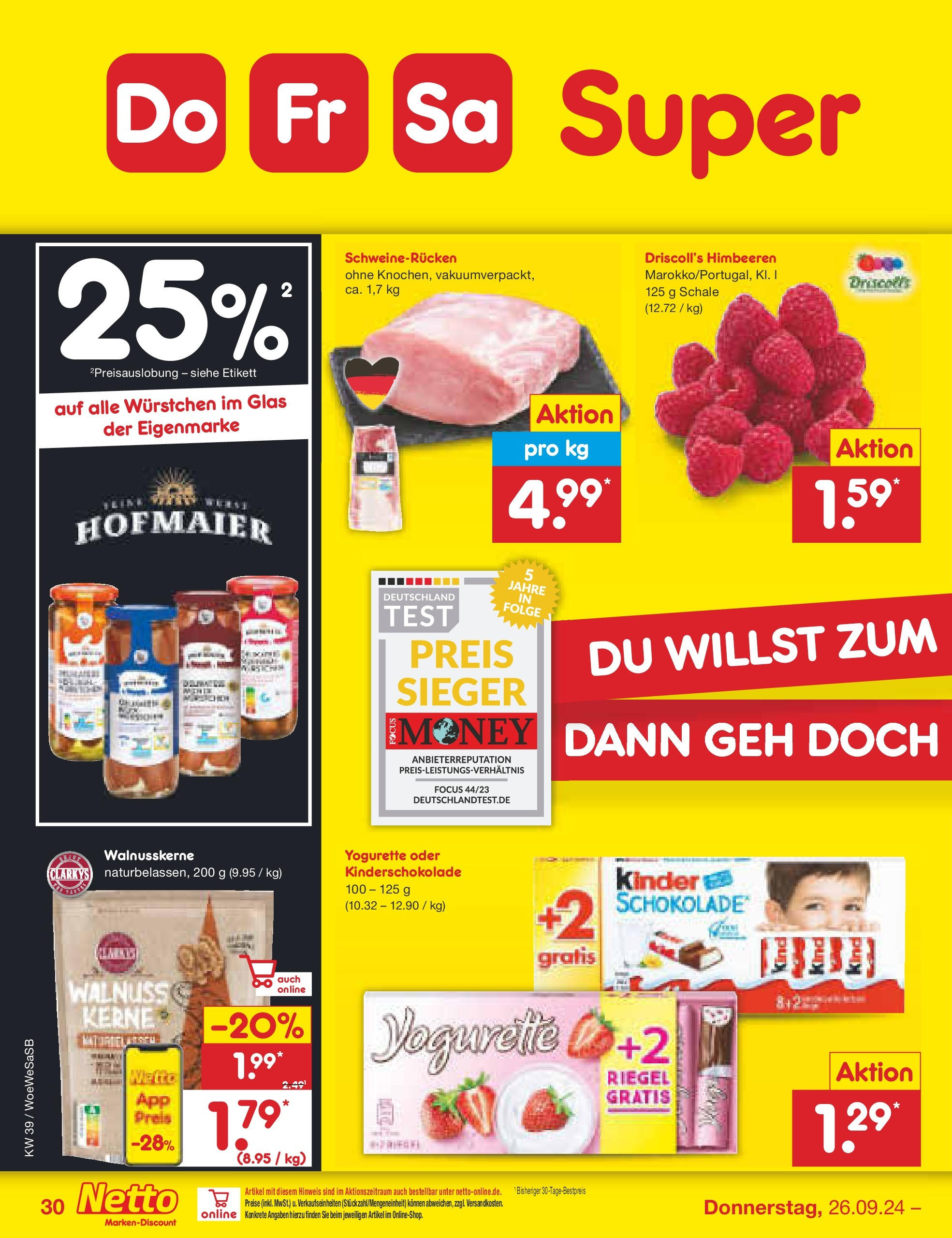 Netto Marken-Discount - Saarland (ab 23.09.2024) » Angebote | Seite: 40 | Produkte: Himbeeren, Yogurette, Schokolade, Schweinerucken