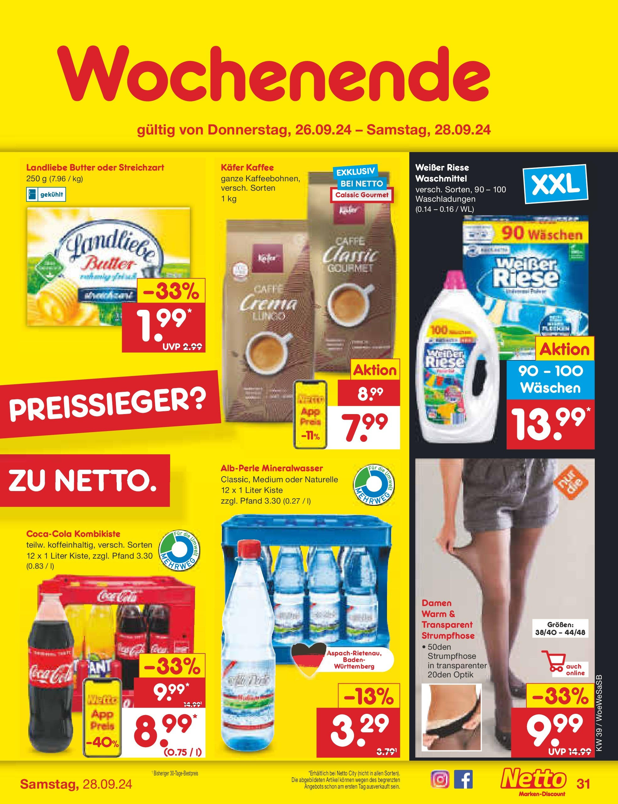 Netto Marken-Discount - Saarland (ab 23.09.2024) » Angebote | Seite: 41 | Produkte: Kaffee, Landliebe butter, Waschmittel, Strumpfhose