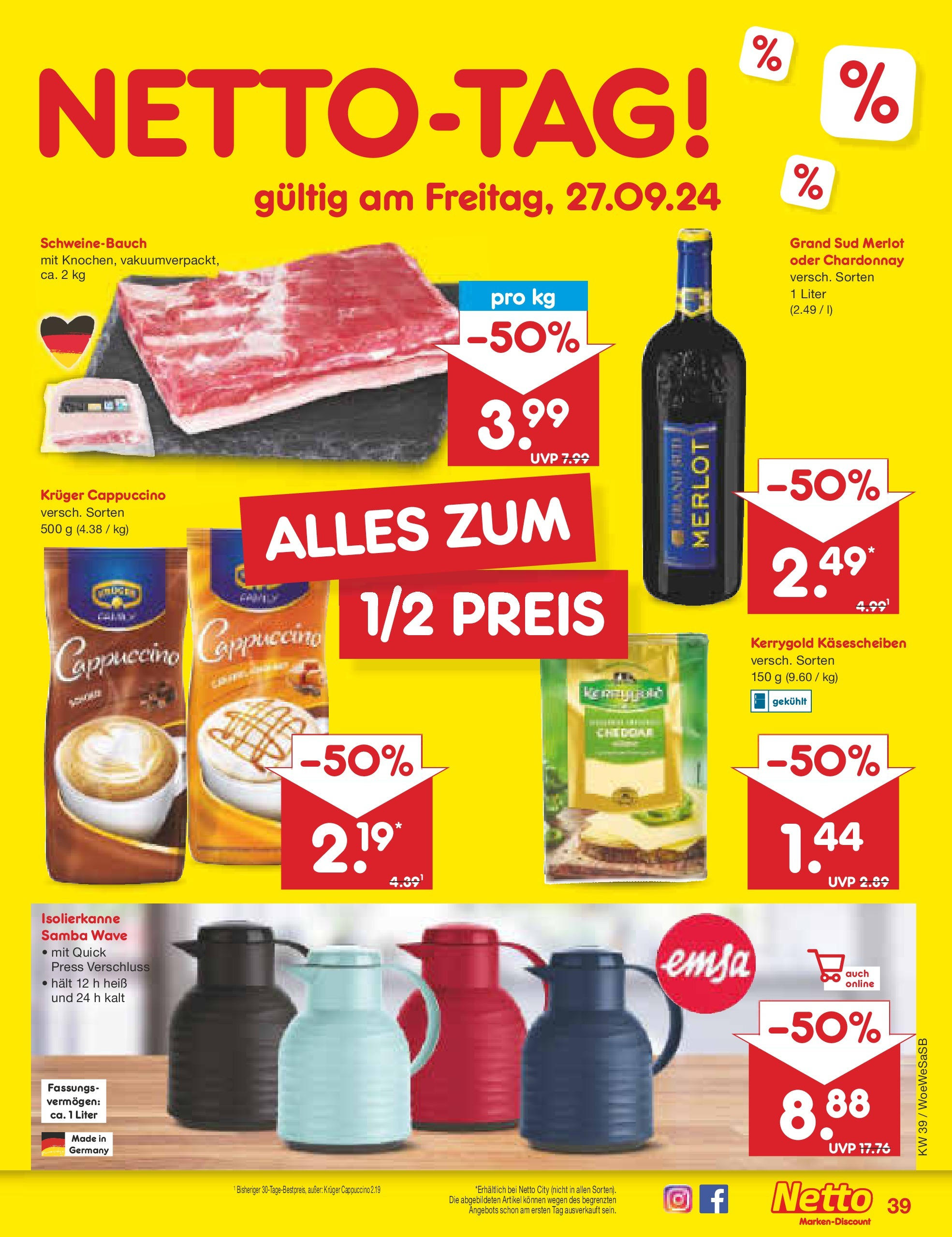 Netto Marken-Discount - Saarland (ab 23.09.2024) » Angebote | Seite: 49 | Produkte: Merlot, Schweinebauch, Grand sud, Kruger cappuccino