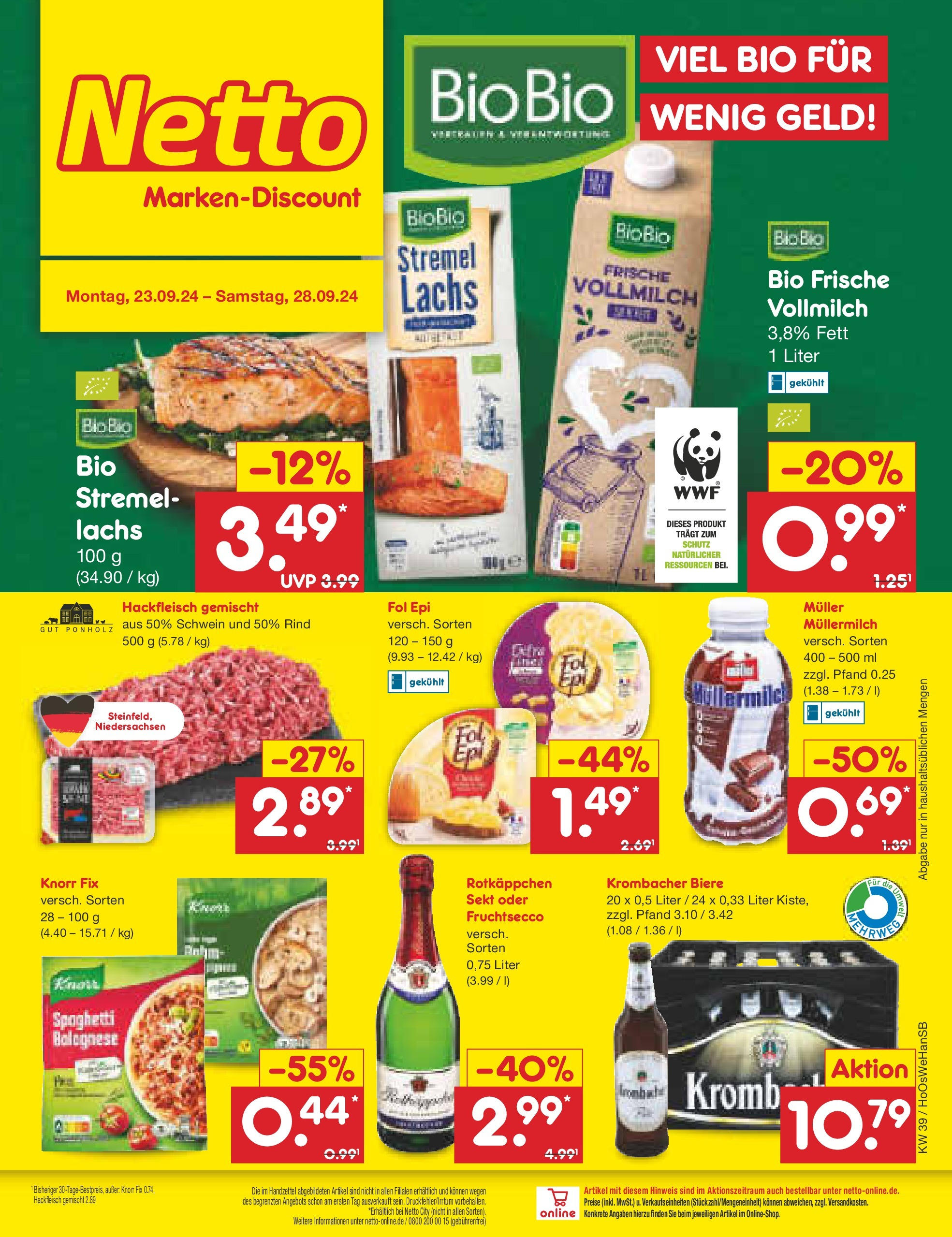 Netto Marken-Discount - Niedersachsen (ab 23.09.2024) » Angebote | Seite: 1 | Produkte: Fruchtsecco, Krombacher, Müllermilch, Hackfleisch