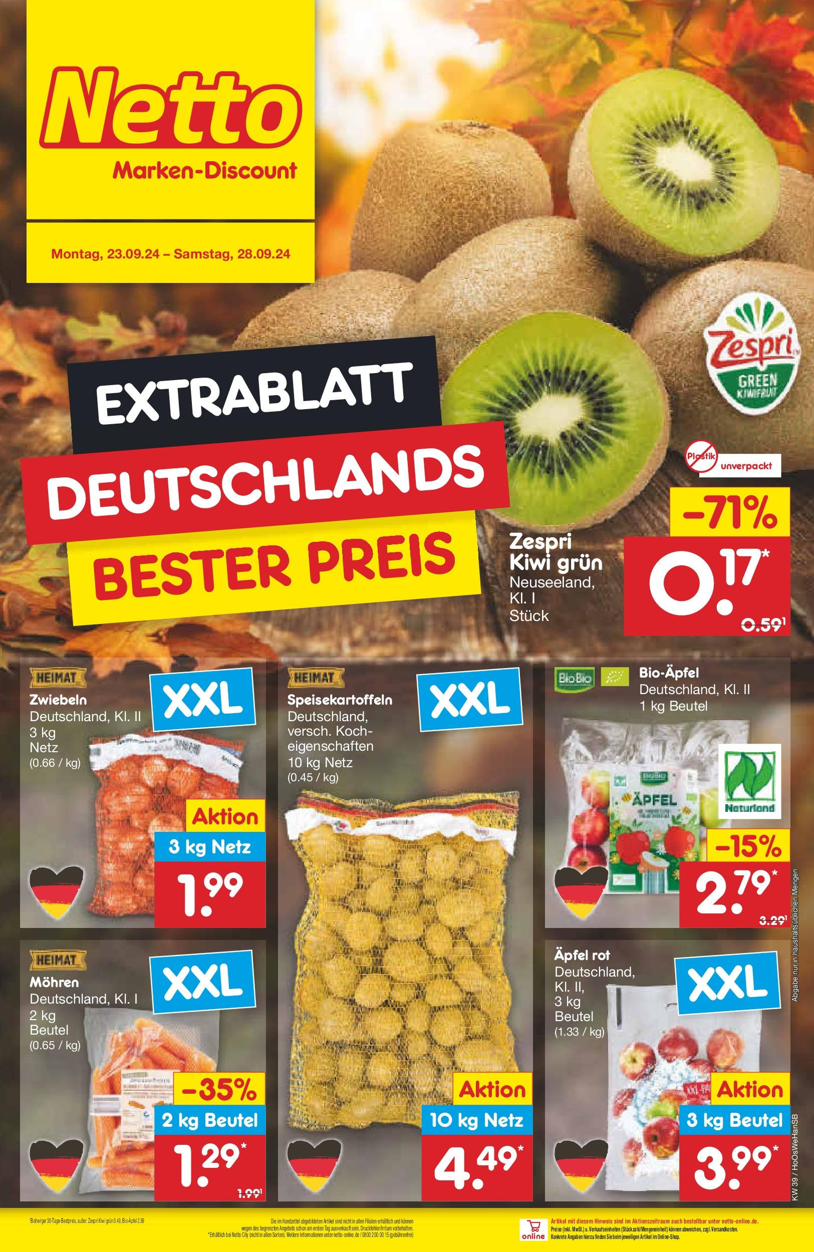 Netto Marken-Discount - Niedersachsen (ab 23.09.2024) » Angebote | Seite: 6 | Produkte: Äpfel, Mohren, Zwiebeln, Kiwi