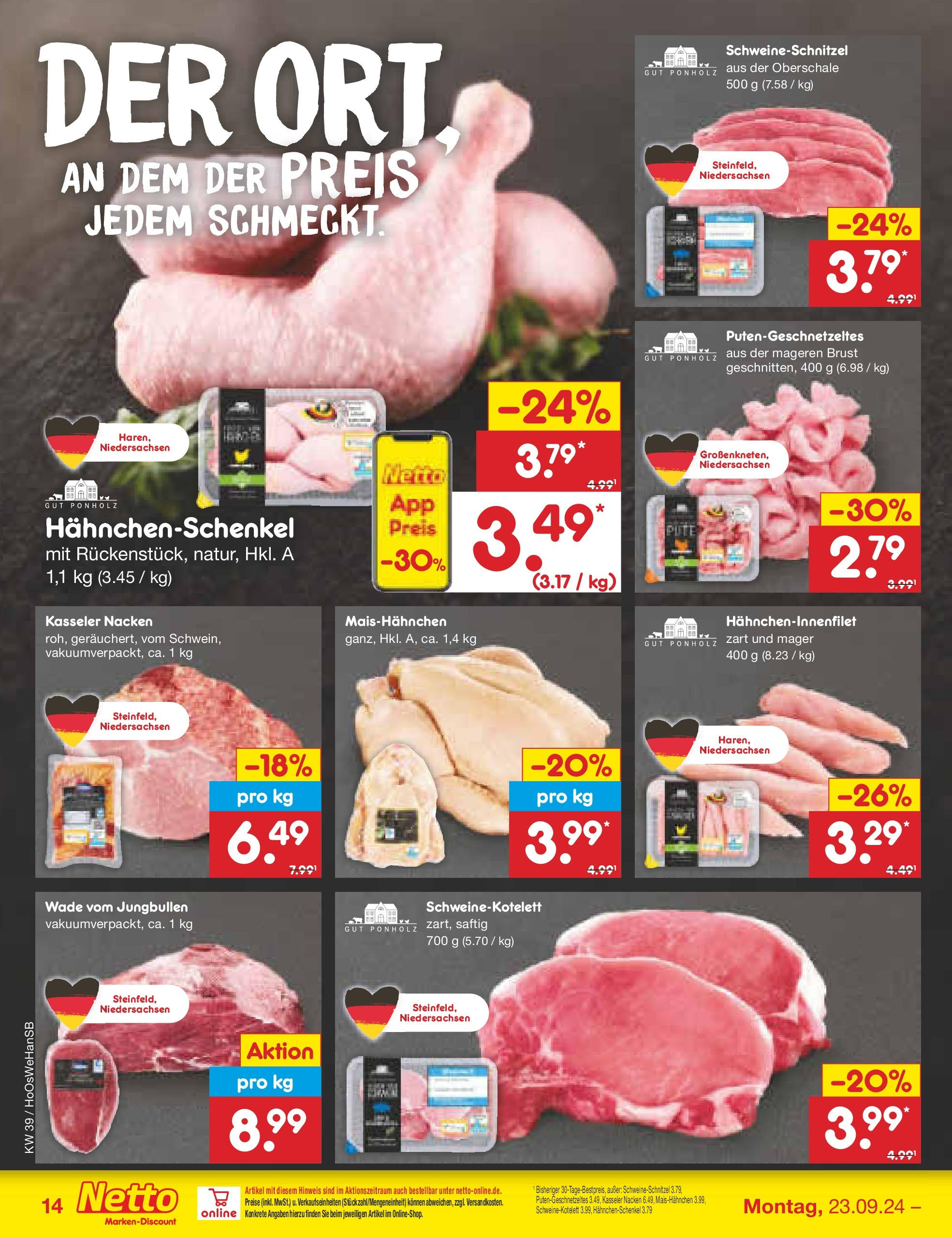 Netto Marken-Discount - Niedersachsen (ab 23.09.2024) » Angebote | Seite: 18 | Produkte: Hahnchenschenkel, Kasseler nacken