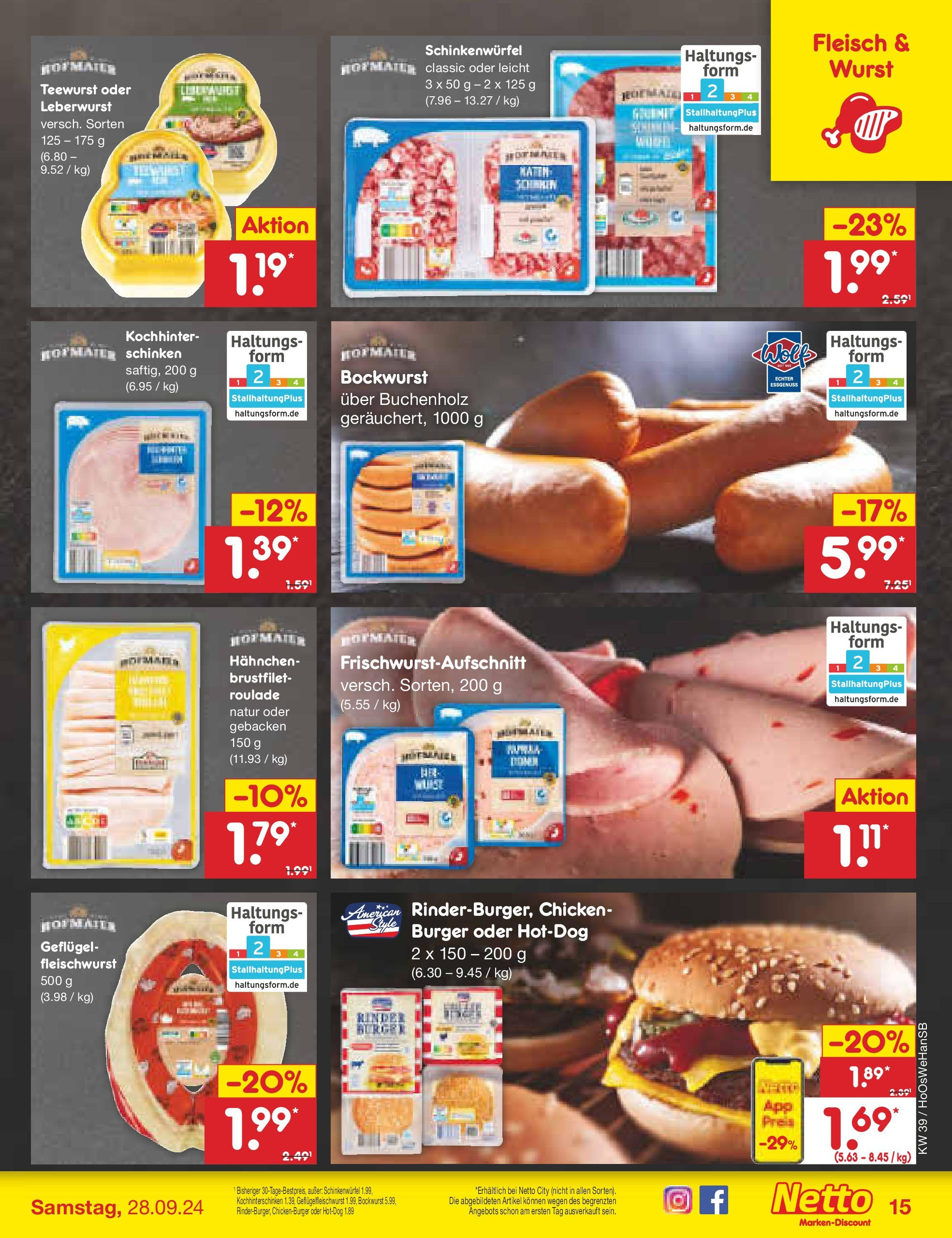 Netto Marken-Discount - Niedersachsen (ab 23.09.2024) » Angebote | Seite: 19 | Produkte: Bockwurst, Hahnchen, Wurst, Schinken