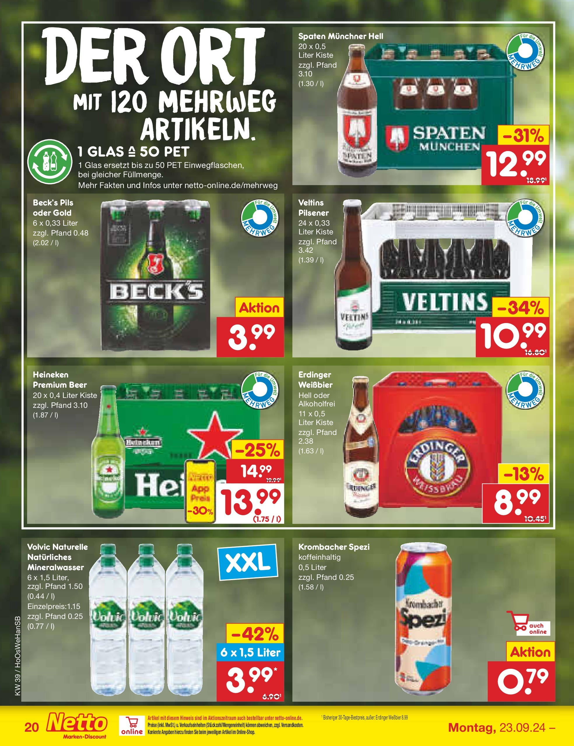 Netto Marken-Discount - Niedersachsen (ab 23.09.2024) » Angebote | Seite: 24 | Produkte: Weißbier, Krombacher, Volvic, Veltins