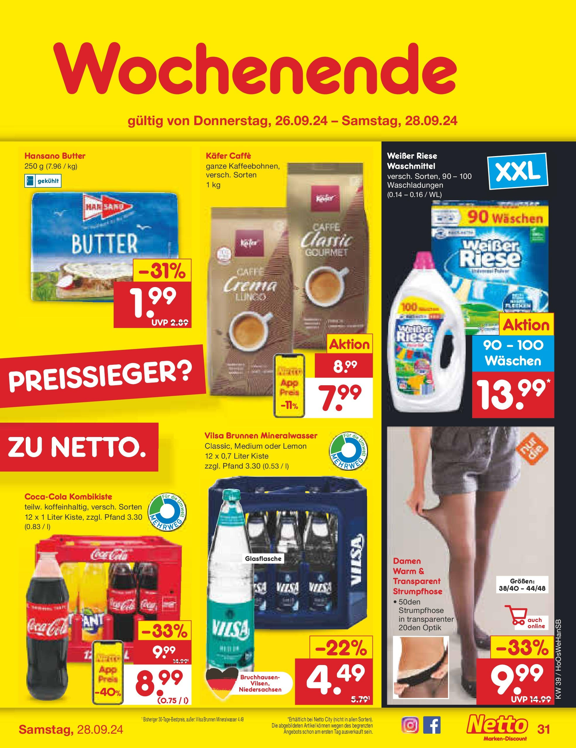 Netto Marken-Discount - Niedersachsen (ab 23.09.2024) » Angebote | Seite: 41 | Produkte: Cola, Butter, Mineralwasser, Strumpfhose