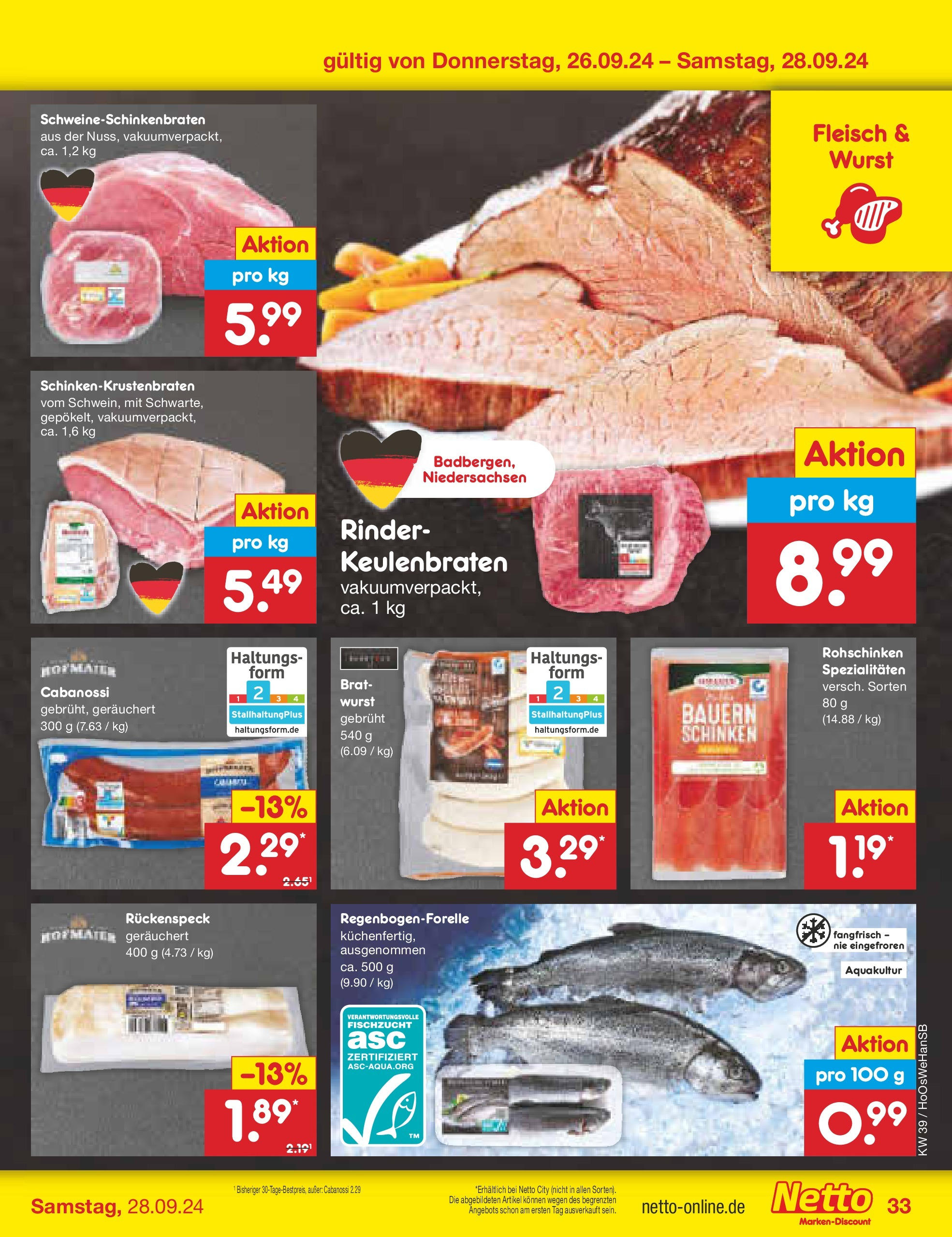 Netto Marken-Discount - Niedersachsen (ab 23.09.2024) » Angebote | Seite: 43 | Produkte: Wurst, Schinken, Fleisch