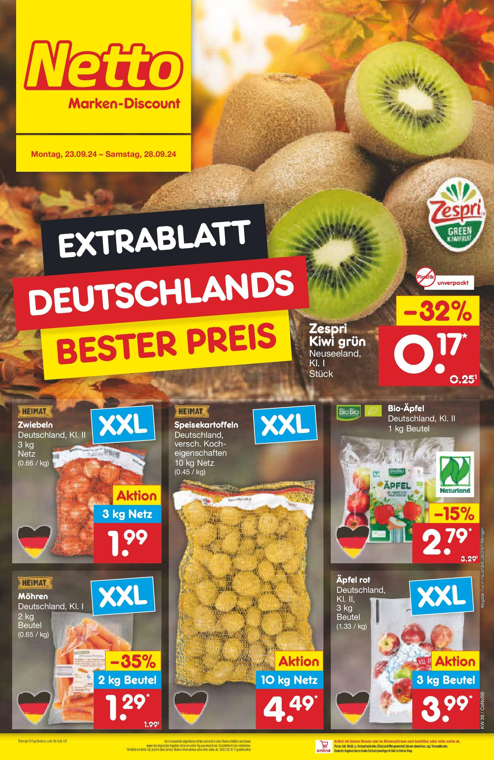 Netto Marken-Discount - Brandenburg (ab 23.09.2024) » Angebote | Seite: 6 | Produkte: Äpfel, Mohren, Zwiebeln, Kiwi