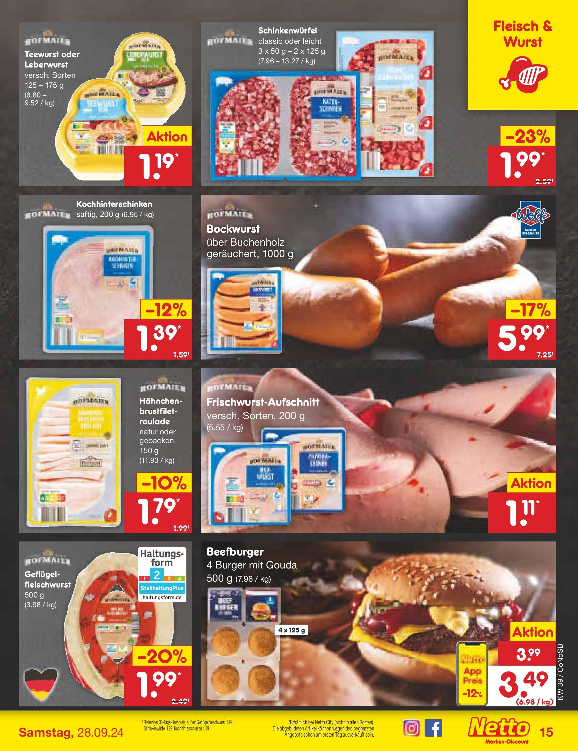 Netto Marken-Discount - Brandenburg (ab 23.09.2024) » Angebote | Seite: 19 | Produkte: Bockwurst, Hahnchen, Wurst, Fleisch