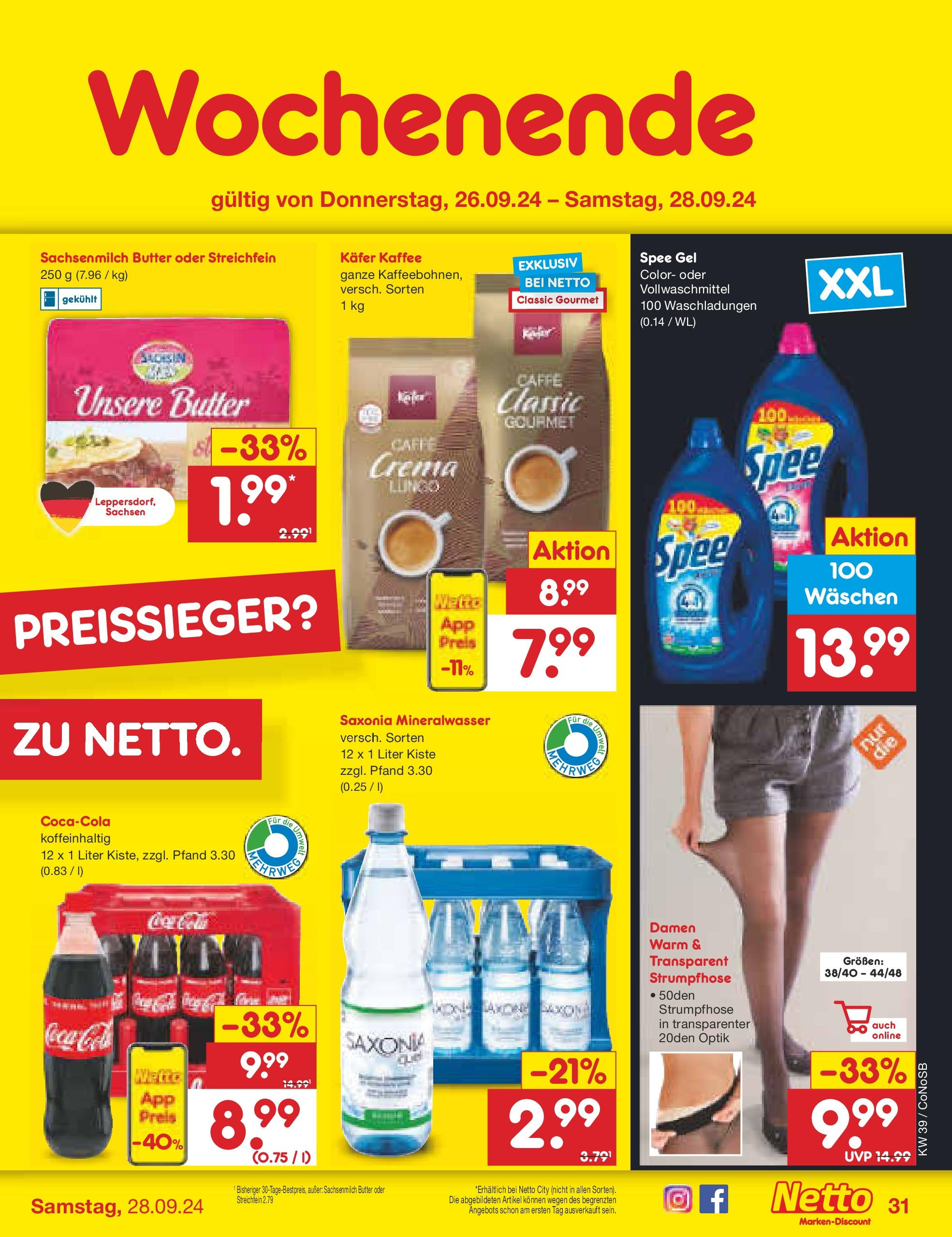 Netto Marken-Discount - Brandenburg (ab 23.09.2024) » Angebote | Seite: 41 | Produkte: Cola, Butter, Mineralwasser, Strumpfhose