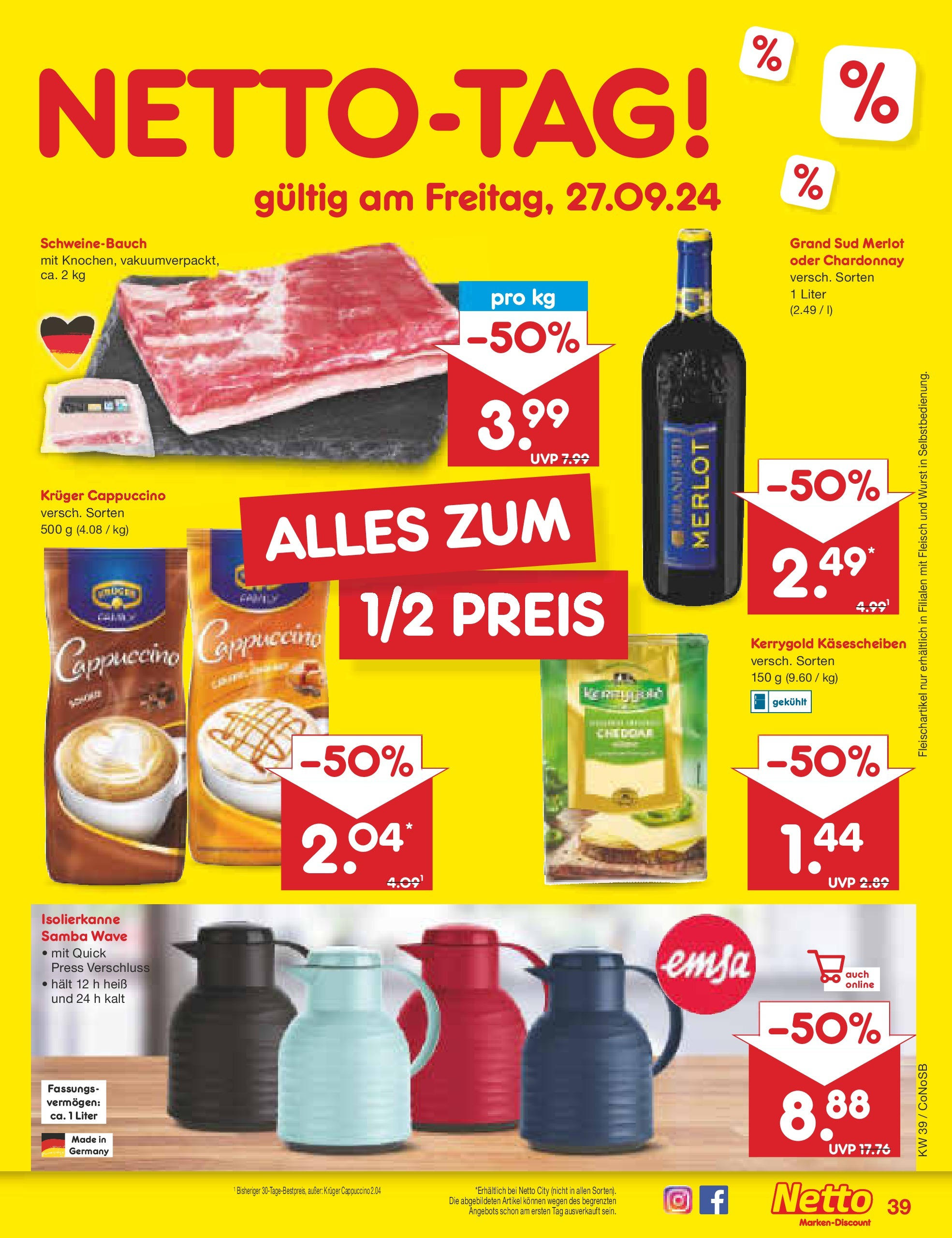 Netto Marken-Discount - Brandenburg (ab 23.09.2024) » Angebote | Seite: 49 | Produkte: Merlot, Schweinebauch, Wurst, Fleisch