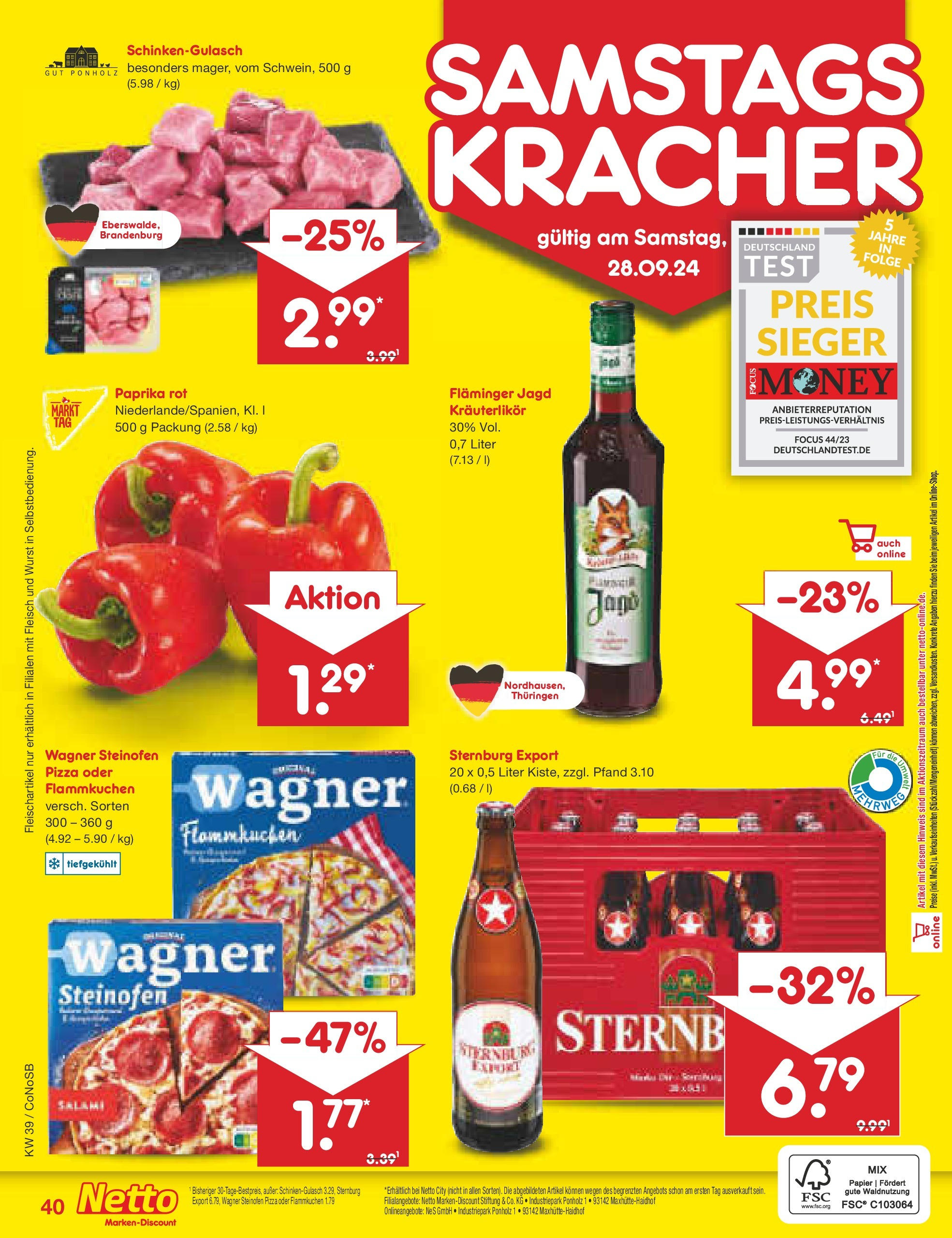 Netto Marken-Discount - Brandenburg (ab 23.09.2024) » Angebote | Seite: 50 | Produkte: Paprika rot, Wurst, Pizza, Fleisch