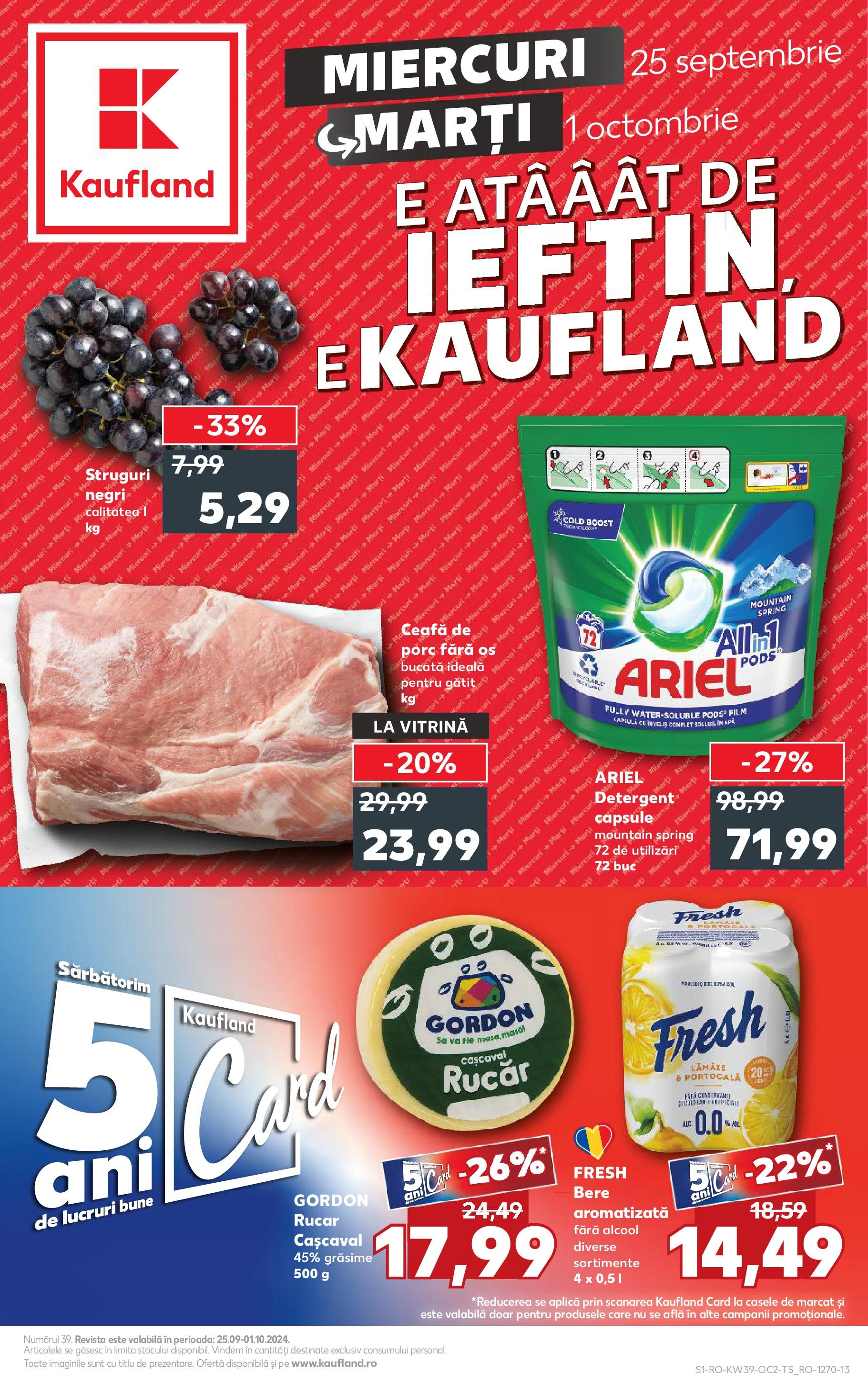 Catalog Kaufland - Sibiu 25.09.2024 - Revista si Oferta | Pagină: 1 | Produse: Vitrină, Cașcaval, Bere, Apă