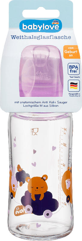 babylove Babyflasche Weithals aus Glas, lila, von Geburt an, 240 ml