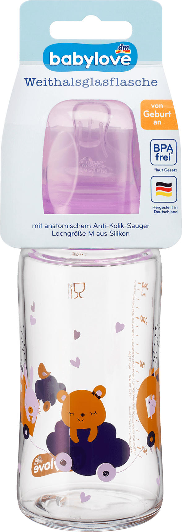 babylove Babyflasche Weithals aus Glas, lila, von Geburt an, 240 ml