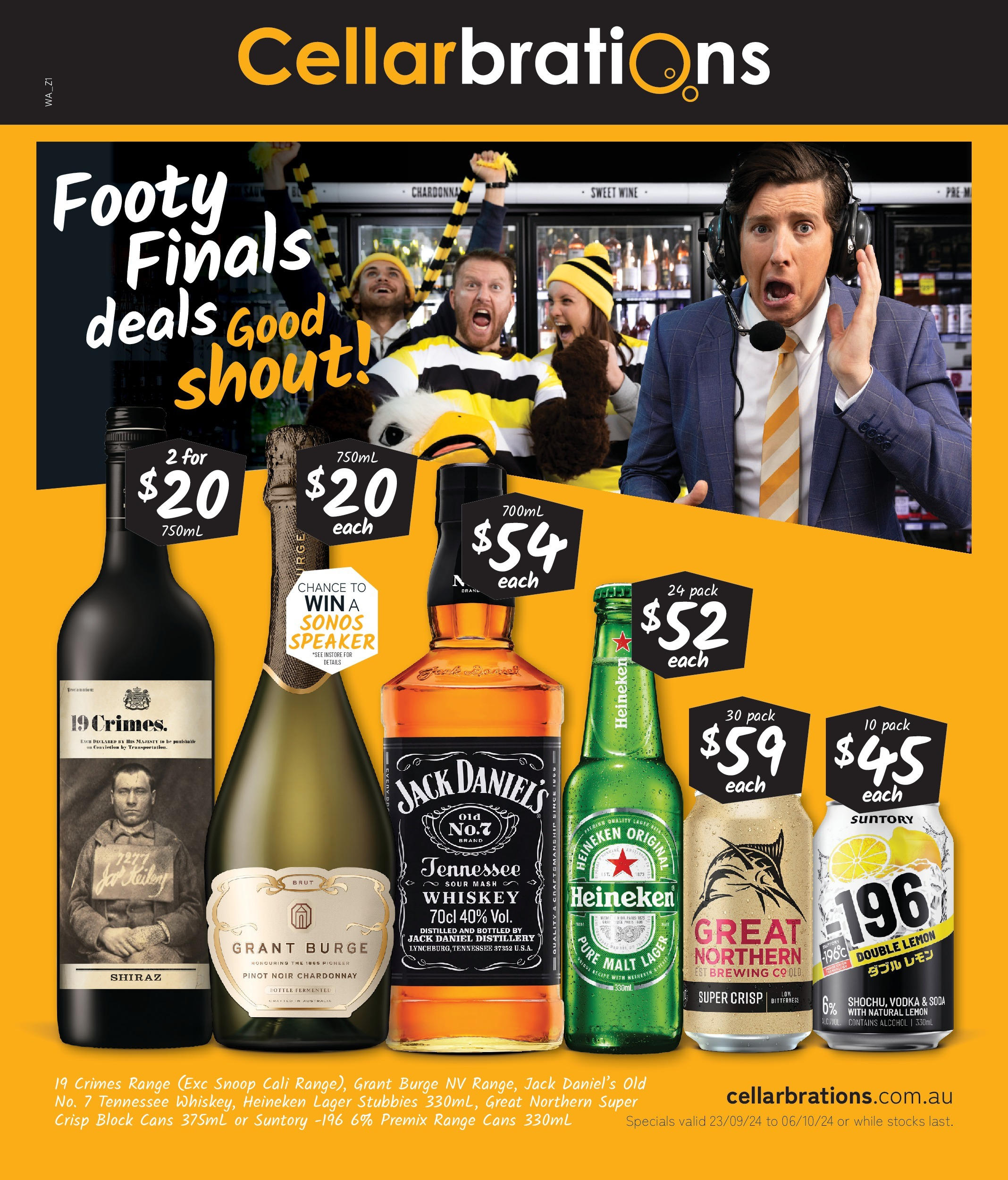 Cellarbrations Catalogue WA - 23/09/2024 > weekly / monthly specials | Page: 1 | Products: Wine, Whiskey, Lemon, Speaker