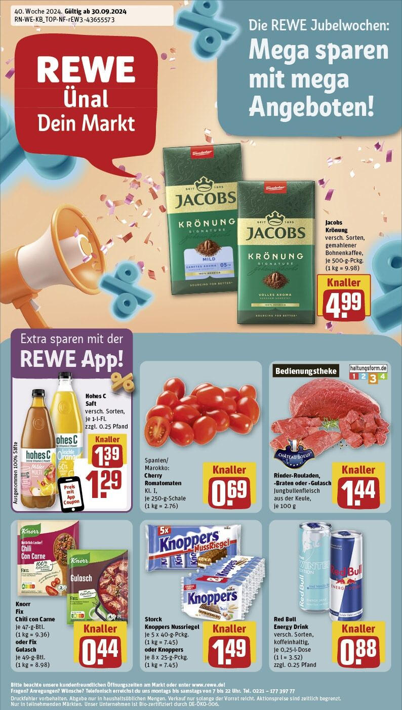 Rewe - Simmern, Koblenzer Straße 107 (ab 30.09.2024) zum Blättern » Angebote | Seite: 1 | Produkte: Energy, Gulasch, Chili, Saft