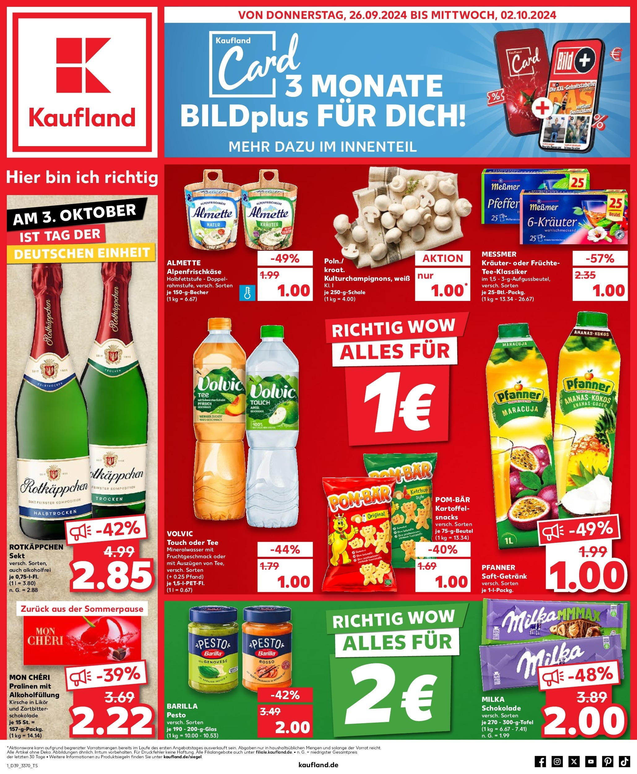 Kaufland Prospekt 	 (ab 26.09.2024) » Angebote Online zum Blättern | Seite: 1 | Produkte: Mineralwasser, Rotkäppchen, Volvic, Mon cheri