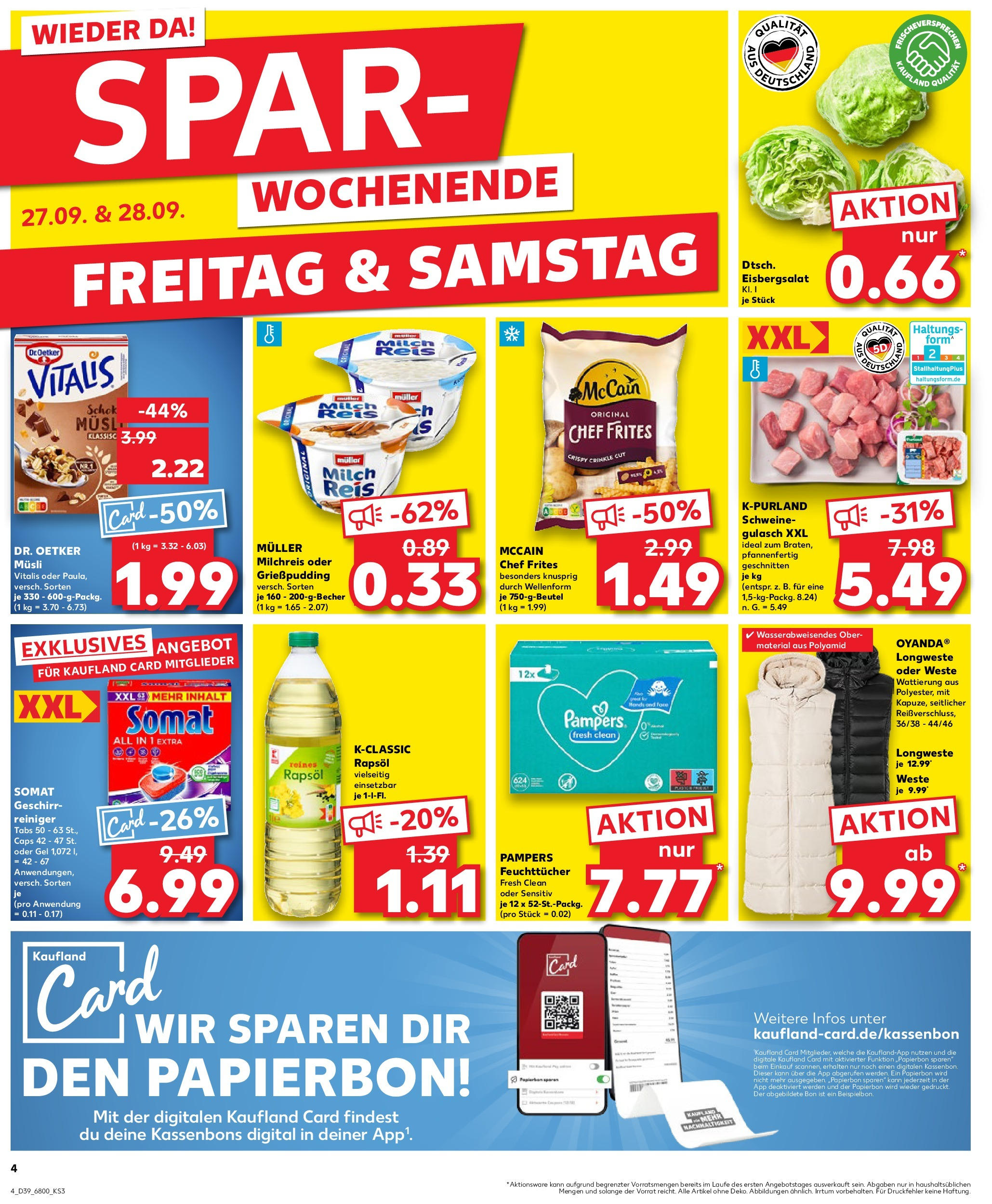 Kaufland Prospekt 	 (ab 26.09.2024) » Angebote Online zum Blättern | Seite: 4 | Produkte: Rapsöl, Pampers, Eisbergsalat, McCain