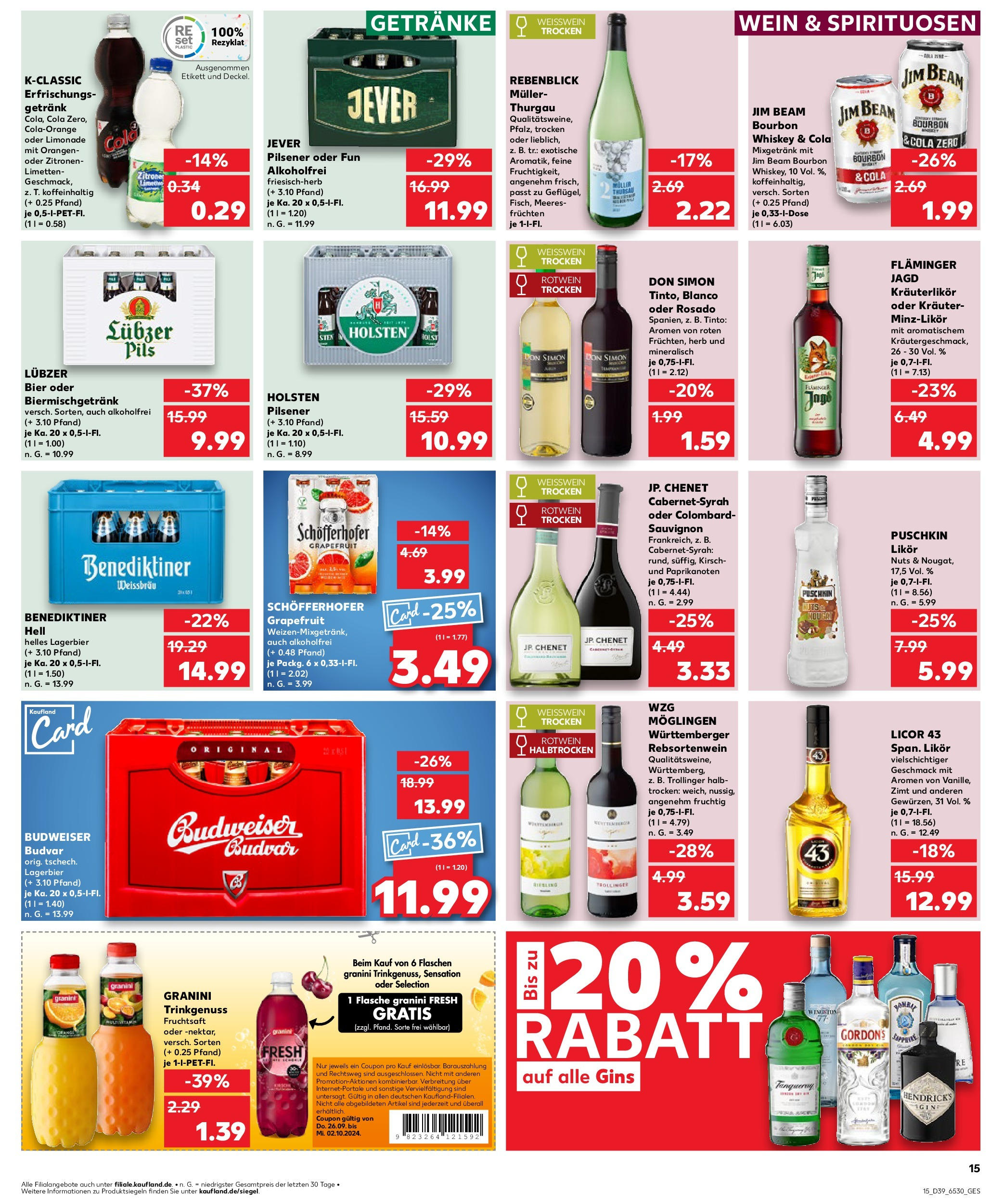 Kaufland Prospekt 	 (ab 26.09.2024) » Angebote Online zum Blättern | Seite: 15 | Produkte: Weißwein trocken, Mineralwasser, Zitrone, Volvic