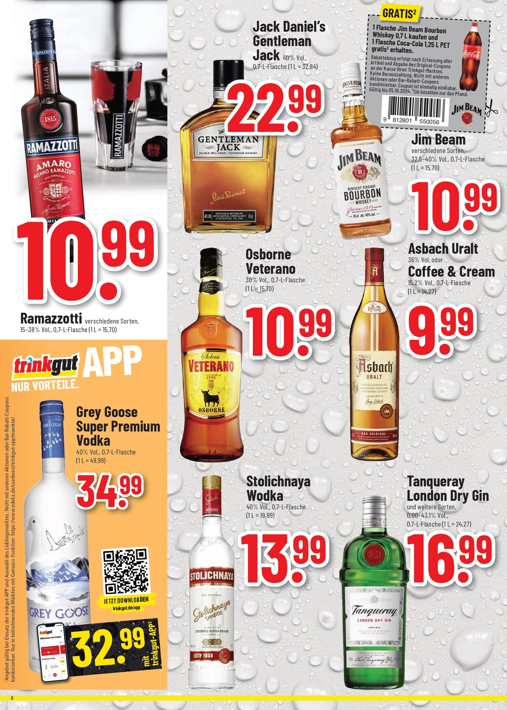 Trinkgut - Rüsselsheim, Stahlstraße 10 (ab 30.09.2024) » Angebote online | Seite: 6 | Produkte: Jim beam, Osborne, Jack Daniel's, Asbach