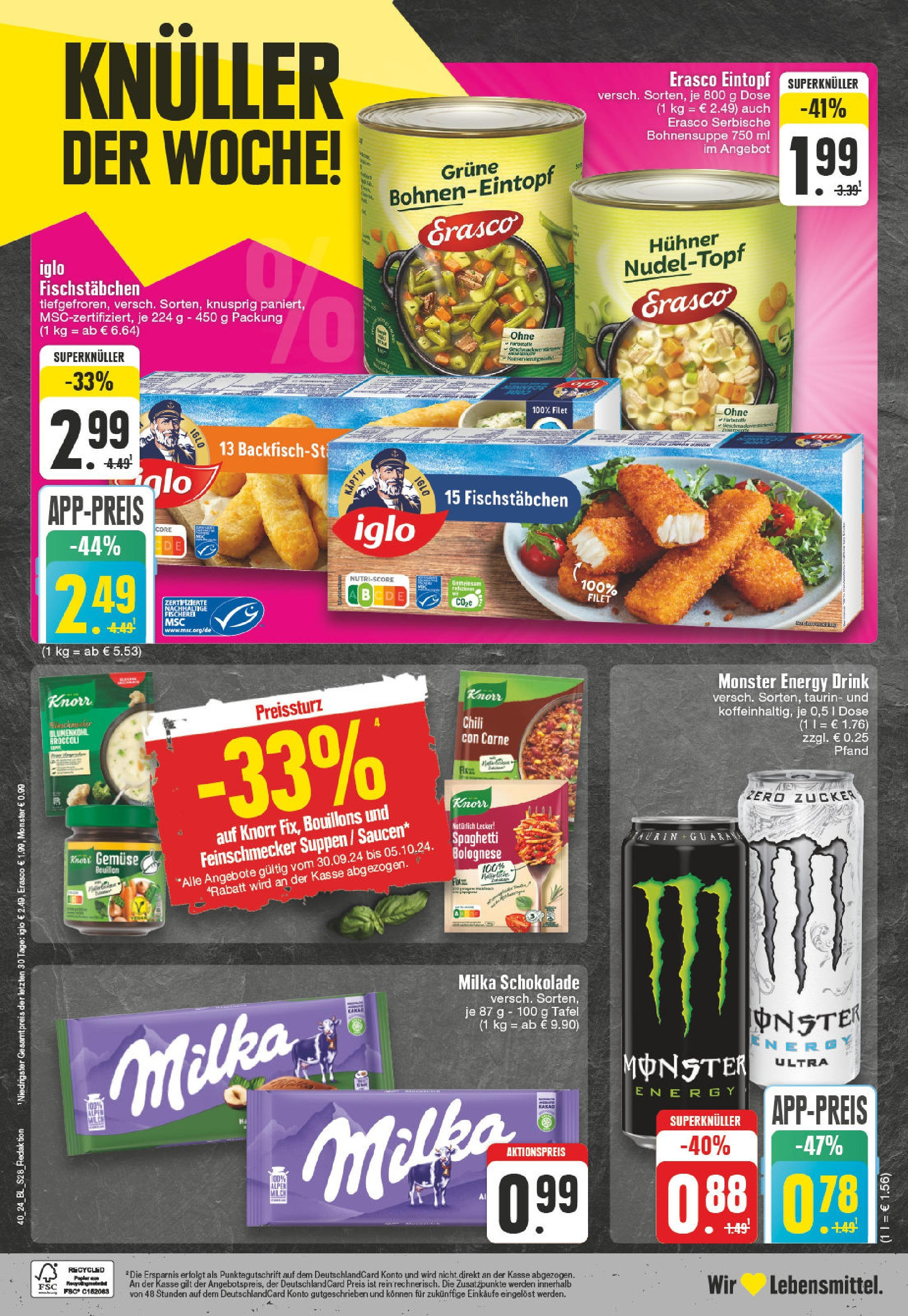 Edeka - Dortmund - Oespel, Steinsweg 14 (ab 30.09.2024) » Angebote Online | Seite: 28 | Produkte: Milka schokolade, Iglo, Monster, Zucker