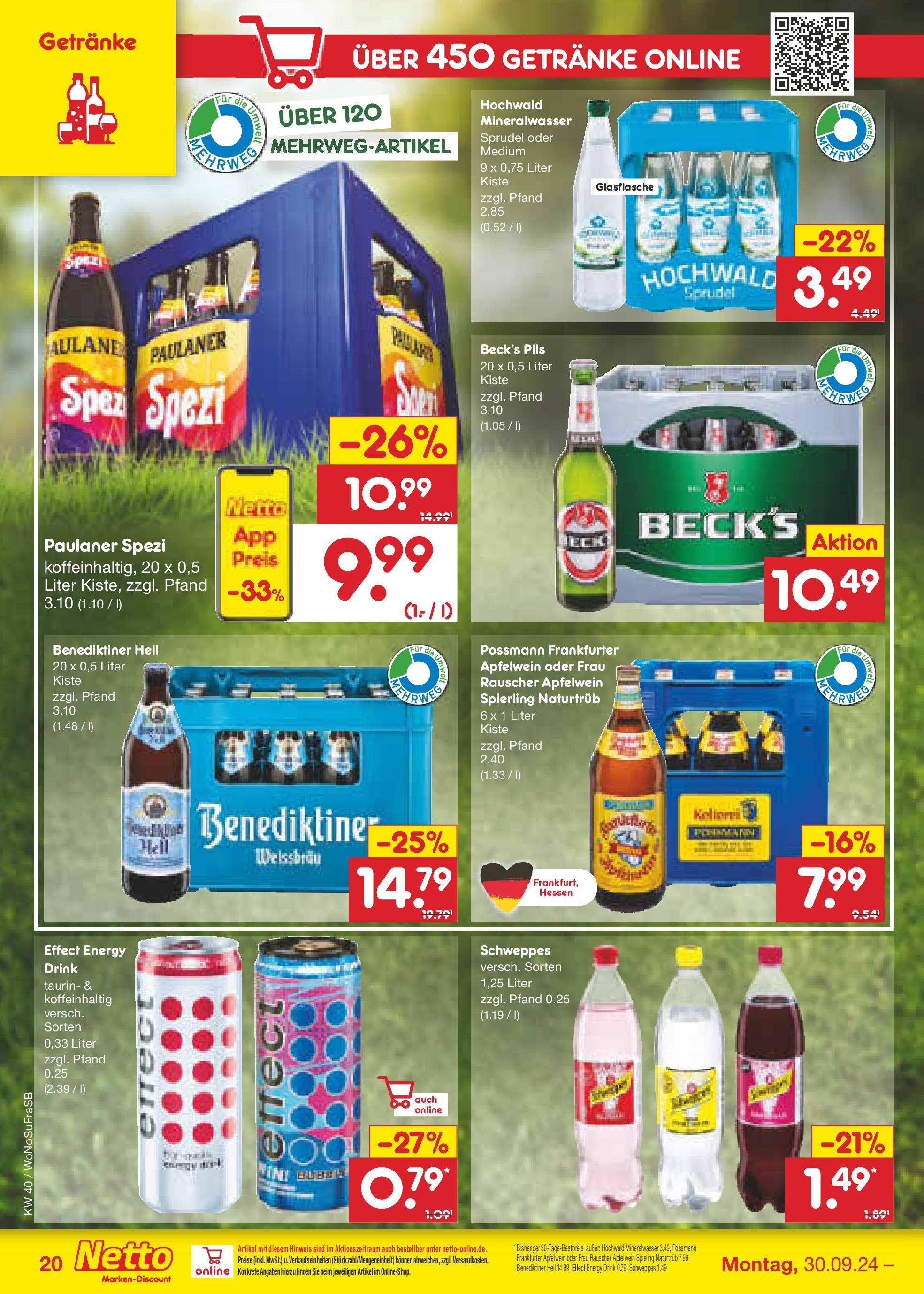 Netto Marken-Discount - Hessen (ab 30.09.2024) » Angebote | Seite: 24 | Produkte: Energy, Paulaner spezi, Schweppes, Mineralwasser