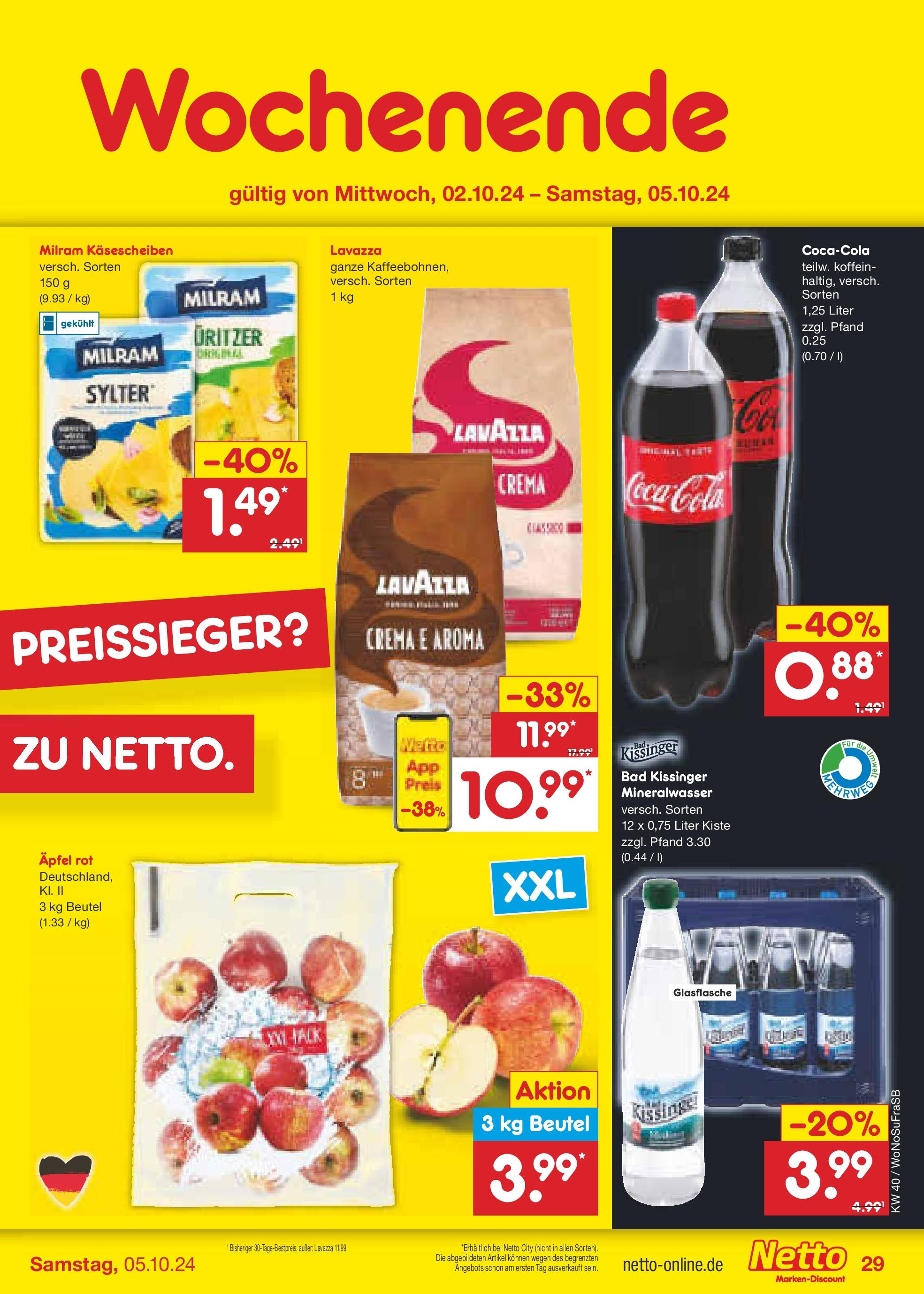 Netto Marken-Discount - Hessen (ab 30.09.2024) » Angebote | Seite: 38 | Produkte: Lavazza, Coca cola, Bad, Milram