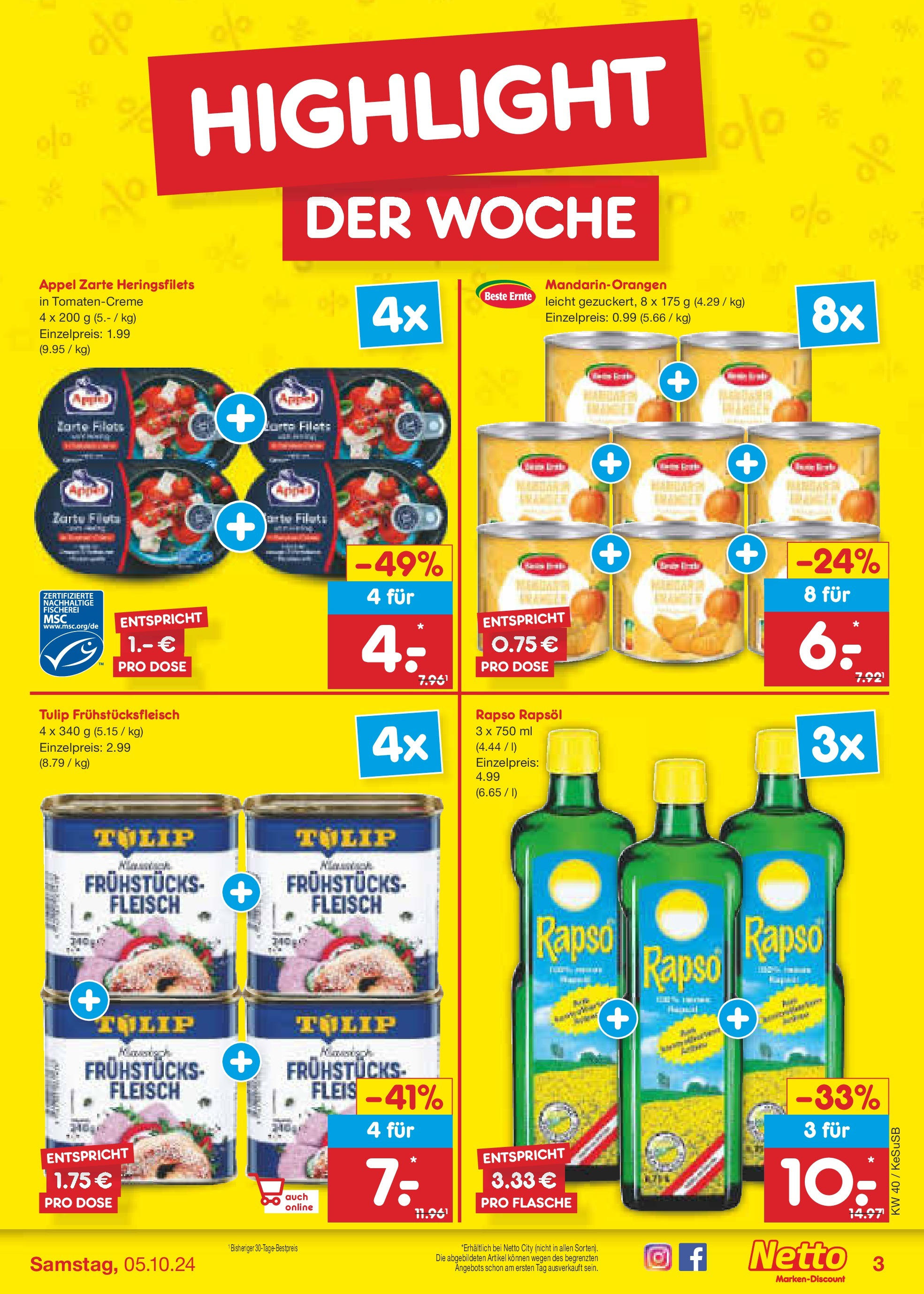 Netto Marken-Discount - Rheinland-Pfalz (ab 30.09.2024) » Angebote | Seite: 3 | Produkte: Rapsöl, Fleisch, Rapso rapsol