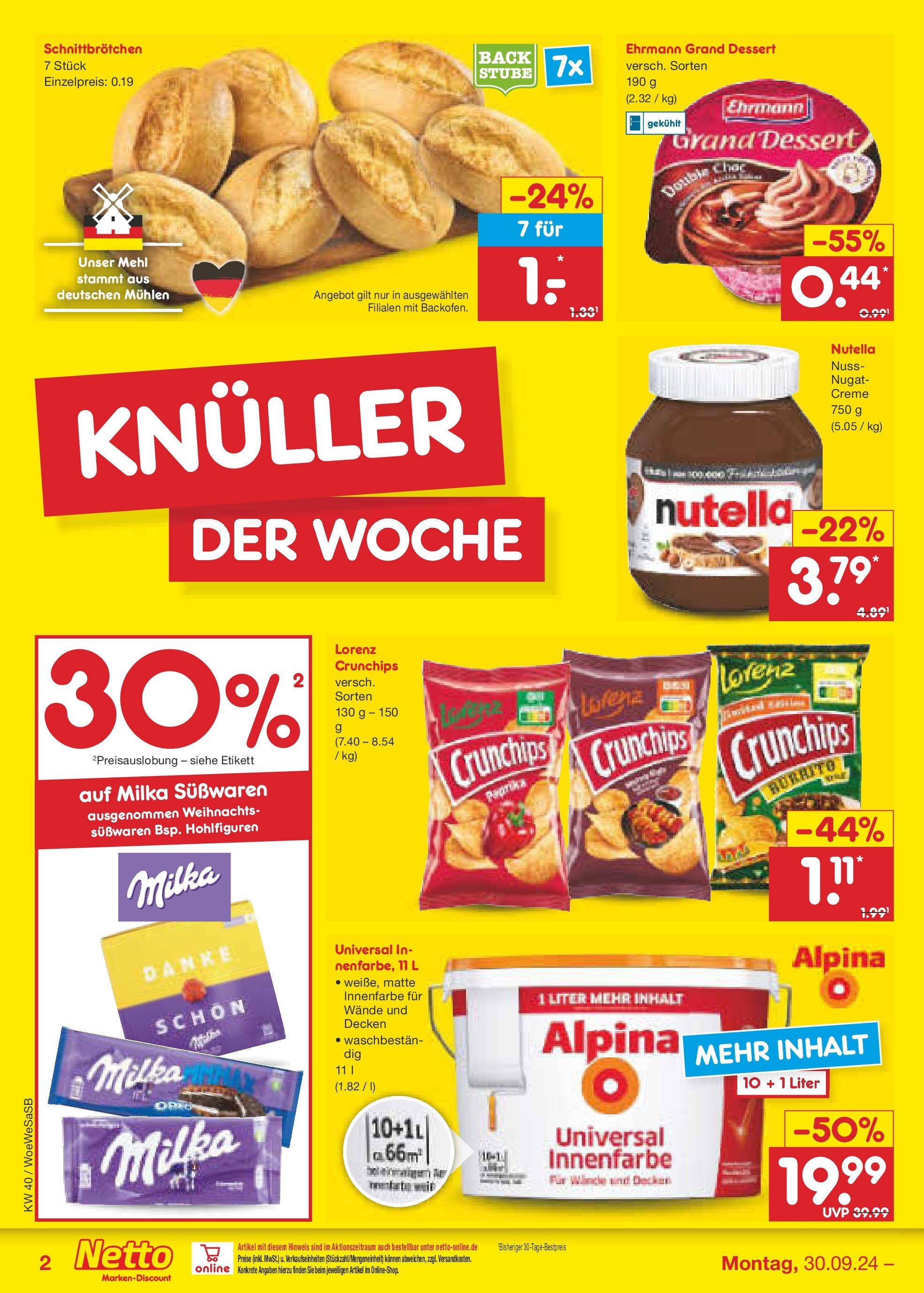 Netto Marken-Discount - Saarland (ab 30.09.2024) » Angebote | Seite: 2 | Produkte: Mehl, Ehrmann grand dessert, Milka, Nutella