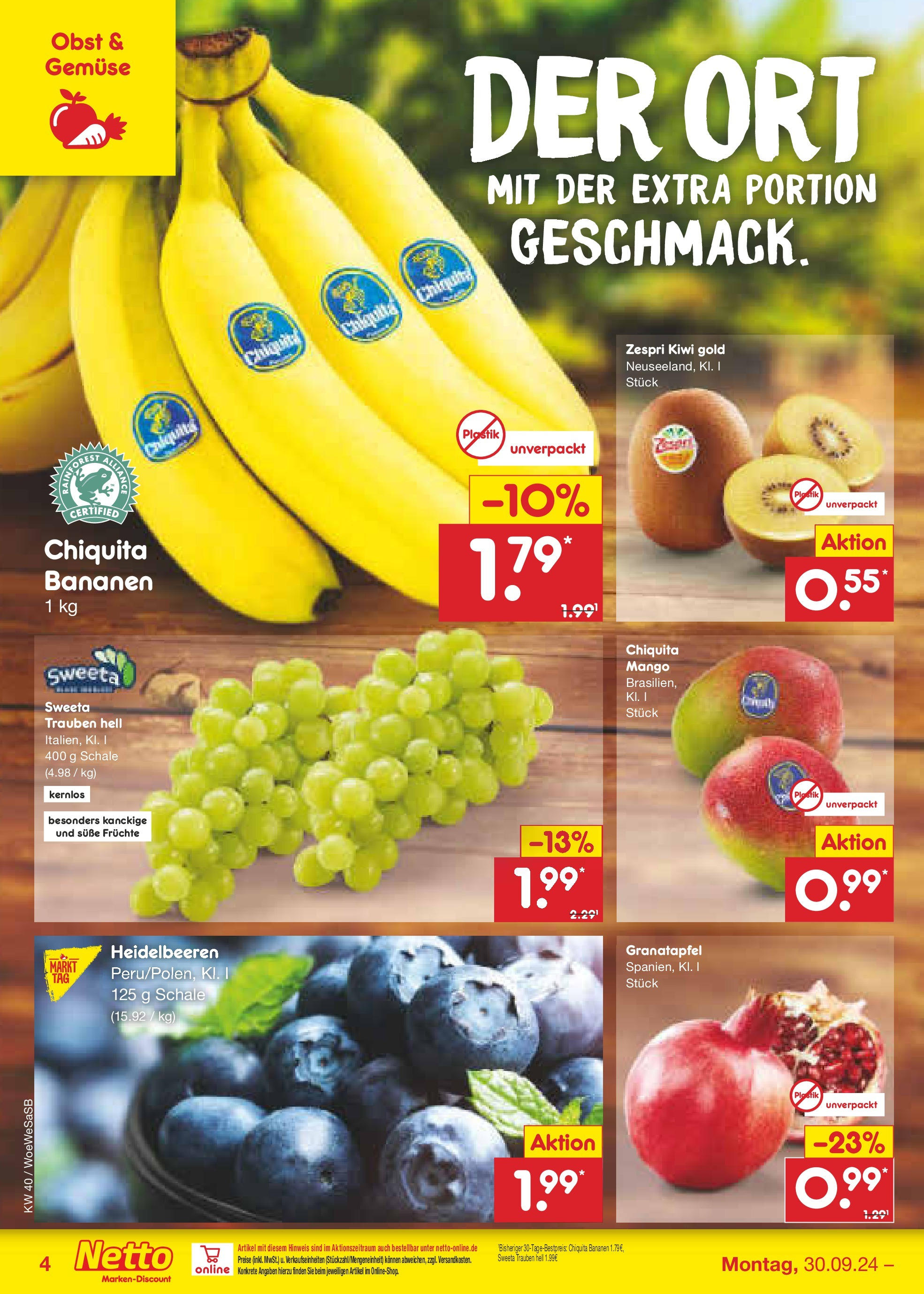 Netto Marken-Discount - Saarland (ab 30.09.2024) » Angebote | Seite: 4 | Produkte: Bananen, Heidelbeeren, Gemüse, Mango